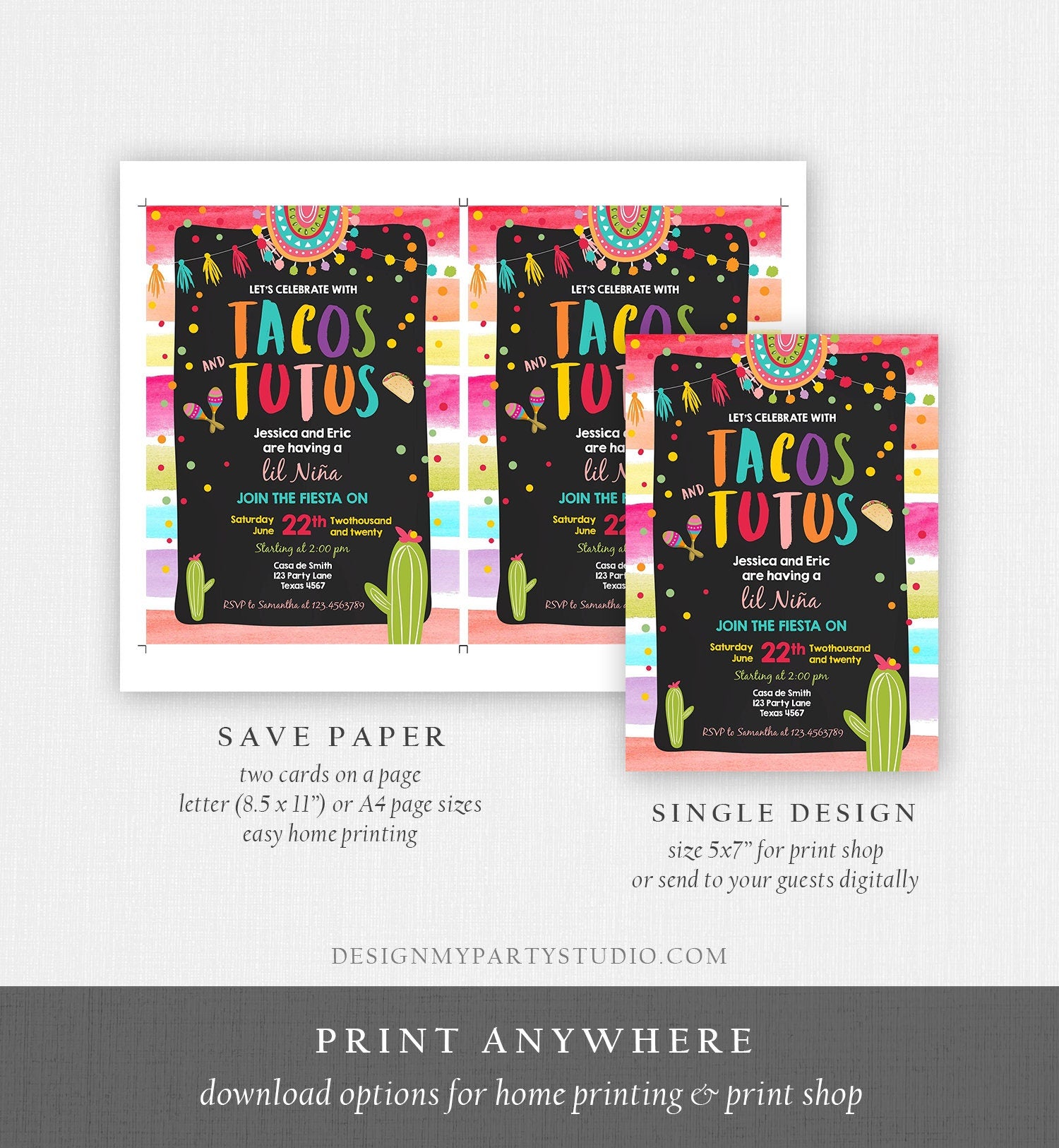 Editable Fiesta Tacos and Tutus Baby Shower Invitation Cactus Mexican Fiesta Couples Shower Taco Sprinkle Corjl Template Printable 0134