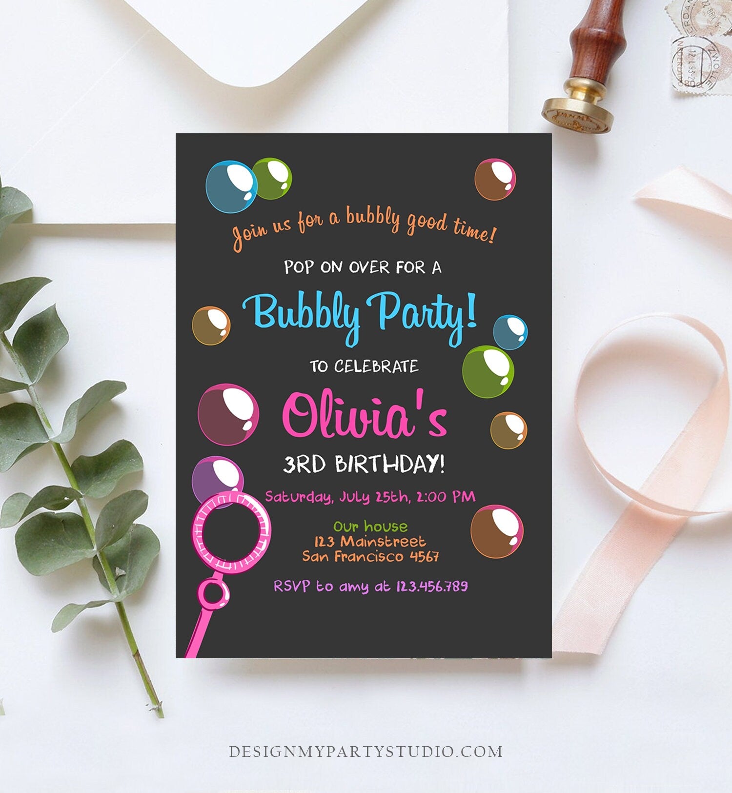 Editable Bubble Birthday Invitation Bubbles Birthday Party Invite Pop Girl Pink Purple Summer Download Printable Template Corjl Digital 0035