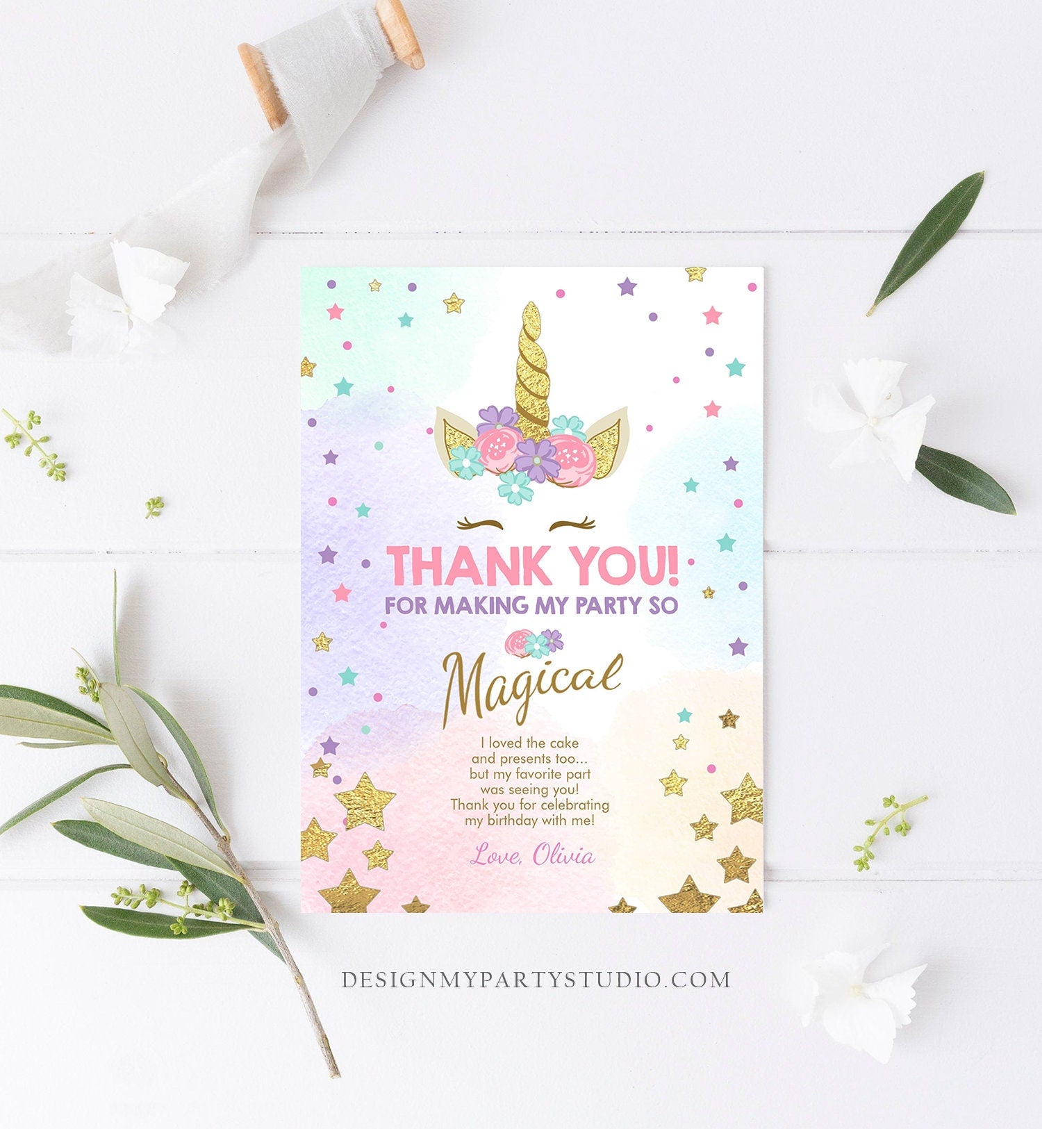 Editable Unicorn Thank You Card Girl Birthday Thank You Note Pink Gold Magical Party Baby Shower Download Corjl Template Printable 0041