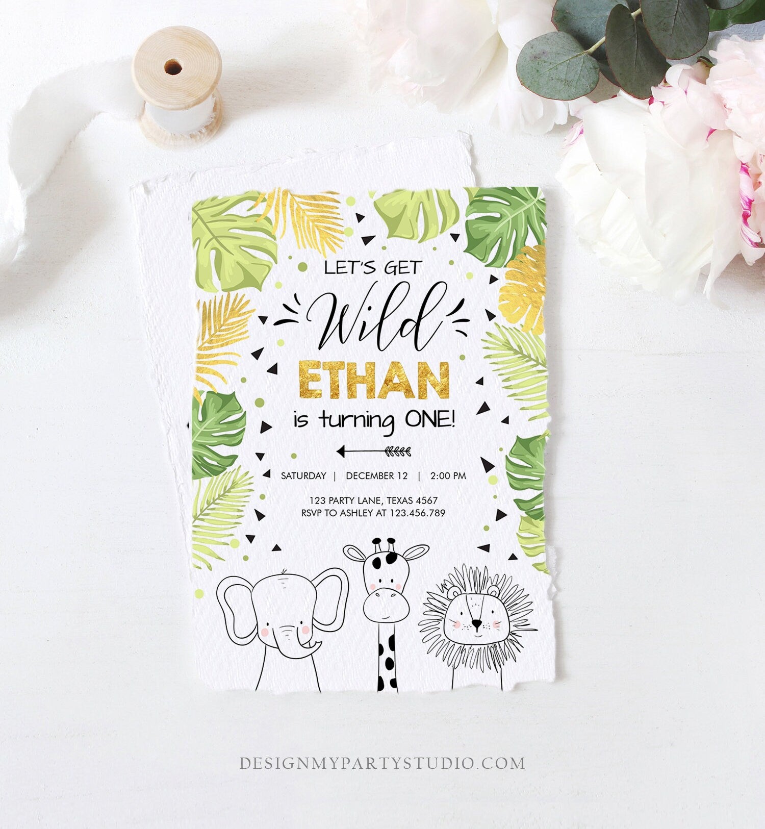 Editable Safari Animals Birthday Invitation Boy Girl First Birthday Let's Get Wild One Jungle Zoo Animals Black Modern Corjl Template 0039