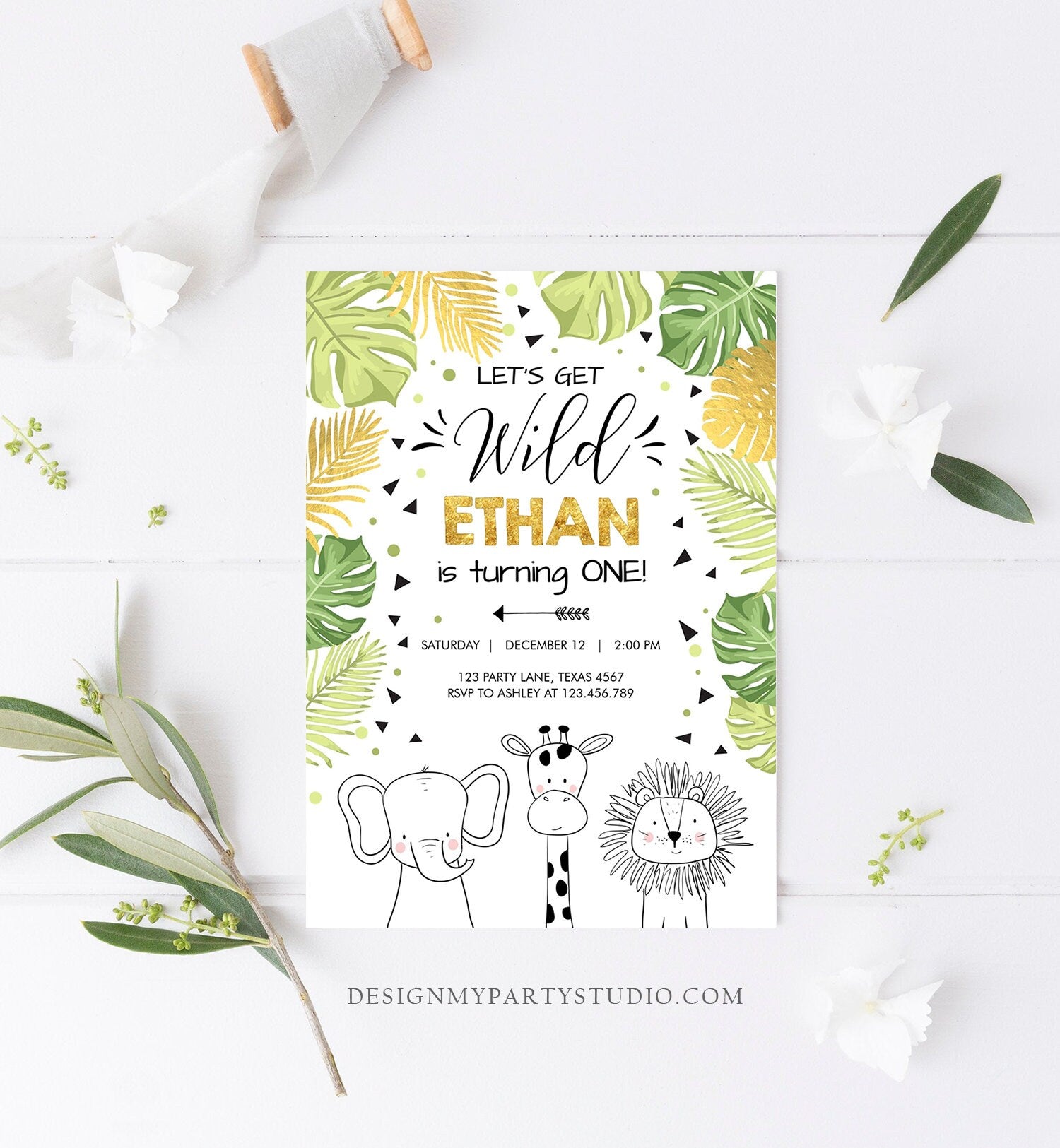 Editable Safari Animals Birthday Invitation Boy Girl First Birthday Let's Get Wild One Jungle Zoo Animals Black Modern Corjl Template 0039