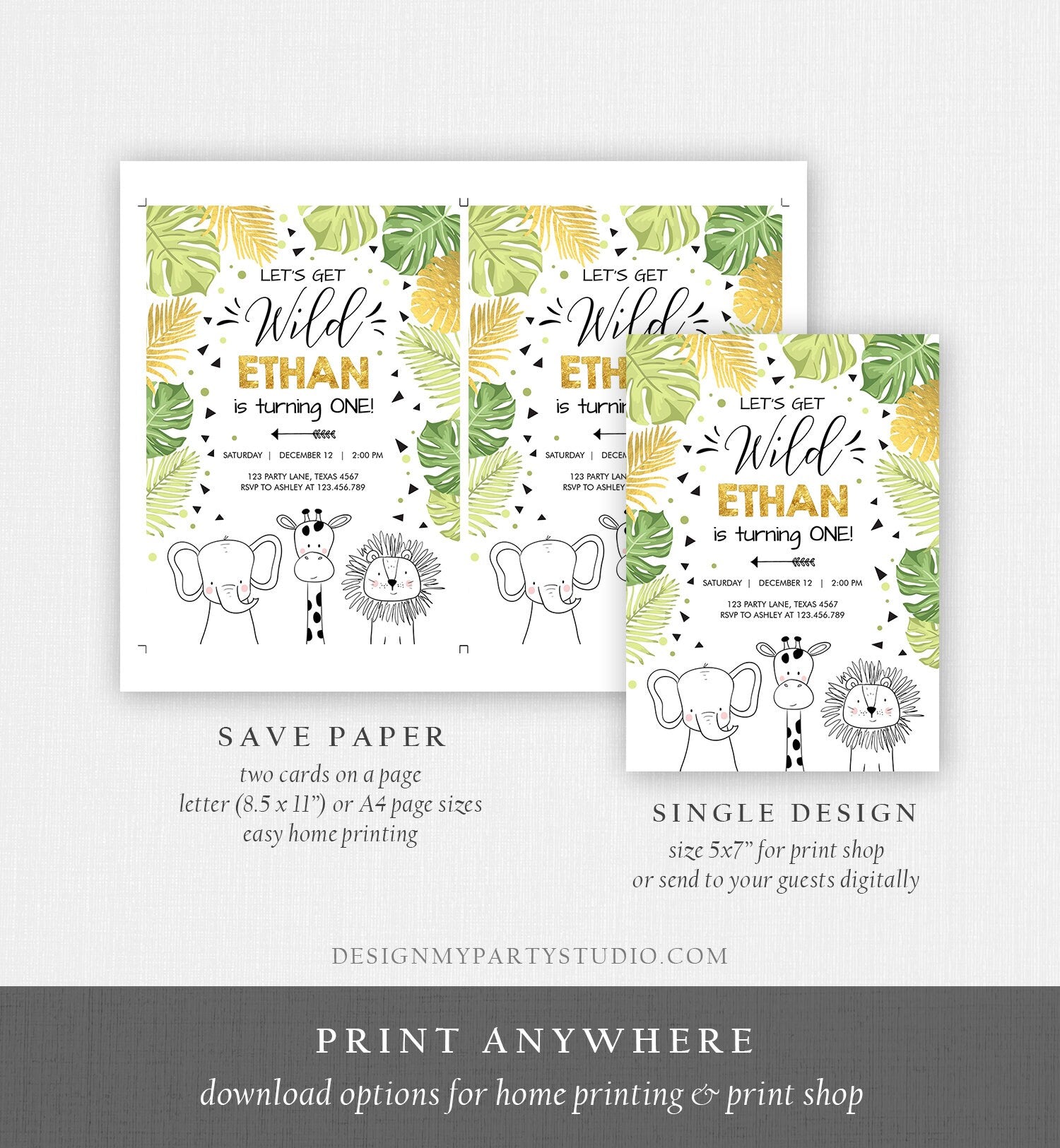 Editable Safari Animals Birthday Invitation Boy Girl First Birthday Let's Get Wild One Jungle Zoo Animals Black Modern Corjl Template 0039