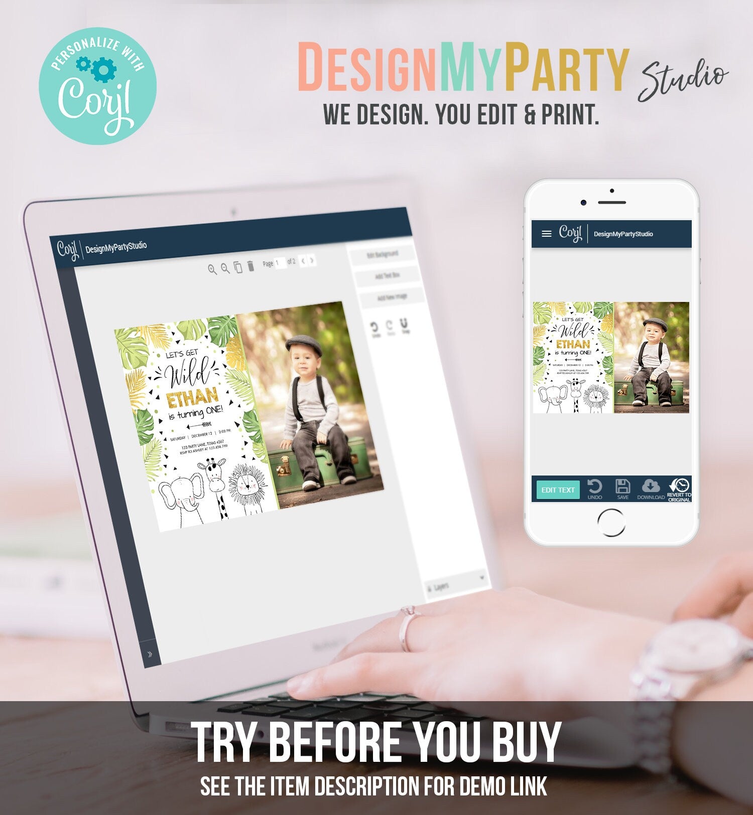 Editable Safari Animals Birthday Invitation Boy Girl First Birthday Let's Get Wild One Jungle Zoo Animals Black Modern Corjl Template 0039