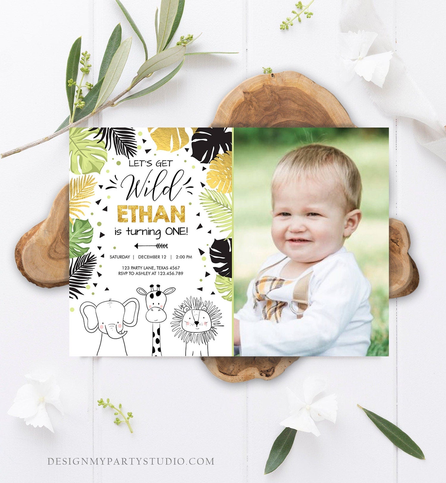 Editable Safari Animals Birthday Invitation Boy Girl First Birthday Let's Get Wild One Jungle Zoo Animals Black Modern Corjl Template 0039