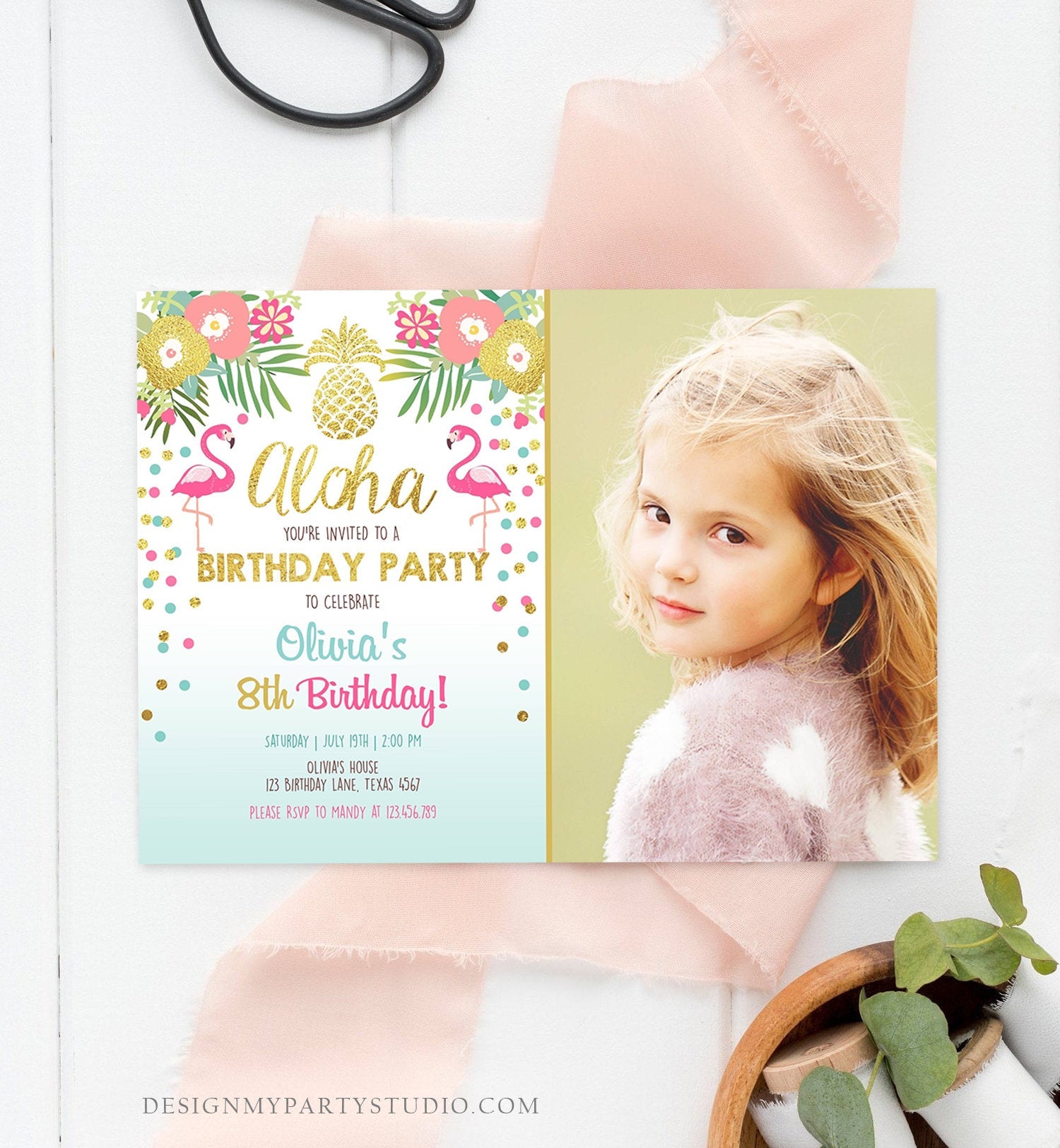 Editable Aloha Birthday Invitation Tropical Flamingo Luau Party Leaves Confetti Pink Gold Pineapple Hawaiian Corjl Template Printable 0200