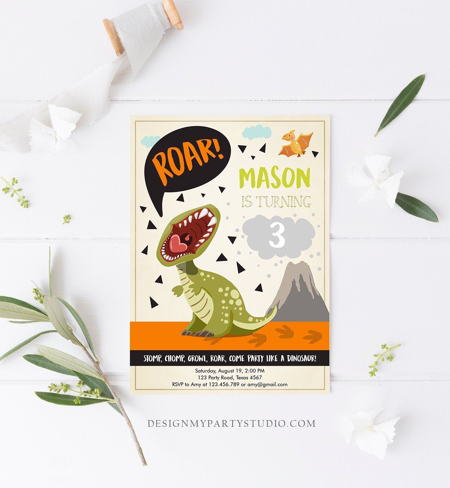 Editable Dinosaur Birthday Invitation Boy T-Rex Dino Party Stomp Chomp Growl Roar Party Like a Dinosaur Prehistoric Corjl Template 0301