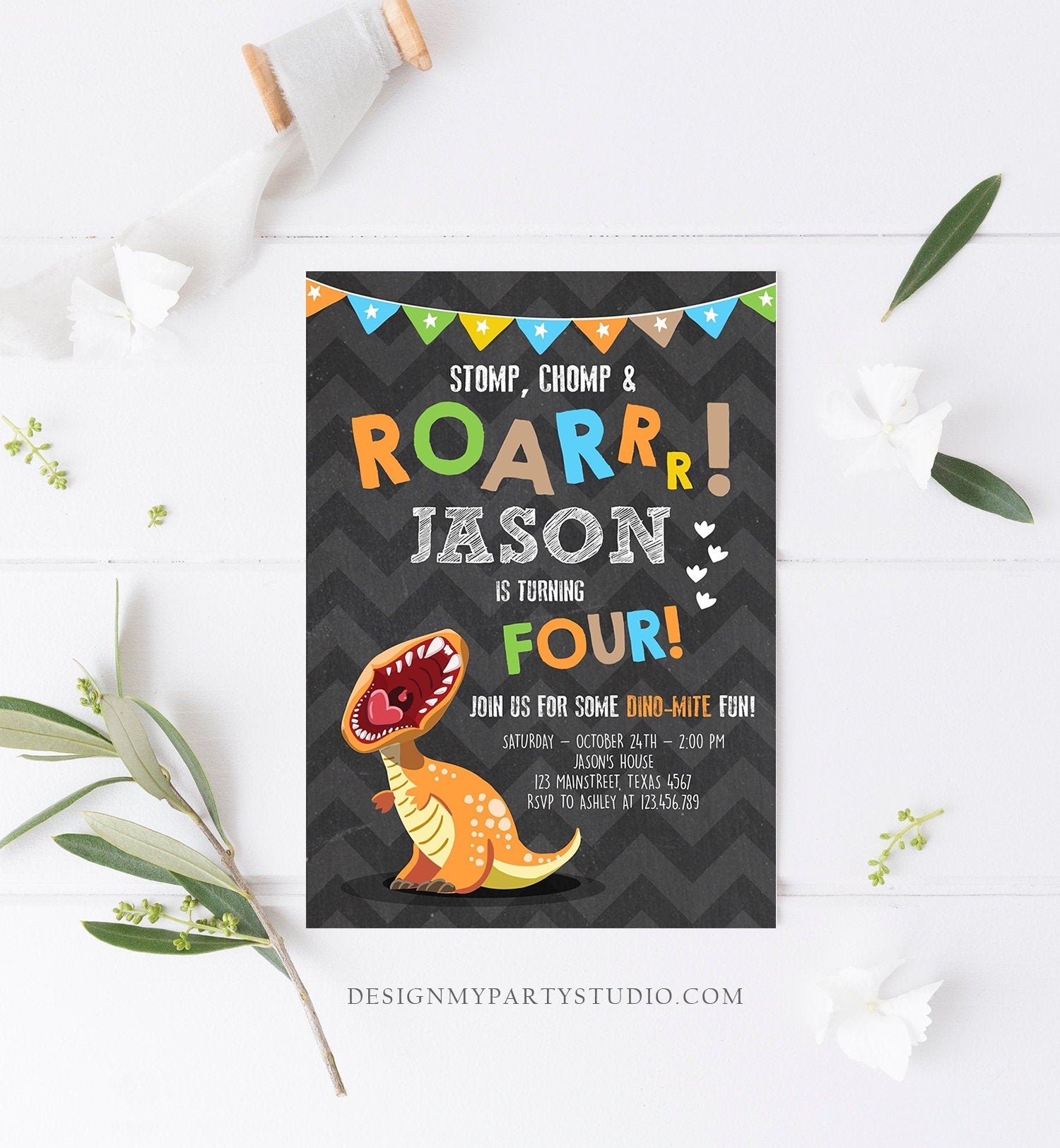 Editable Dinosaur Birthday Invitation Boy T-Rex Dino Party Stomp Chomp Growl Roar Party Like a Dinosaur Prehistoric Corjl Template 0301