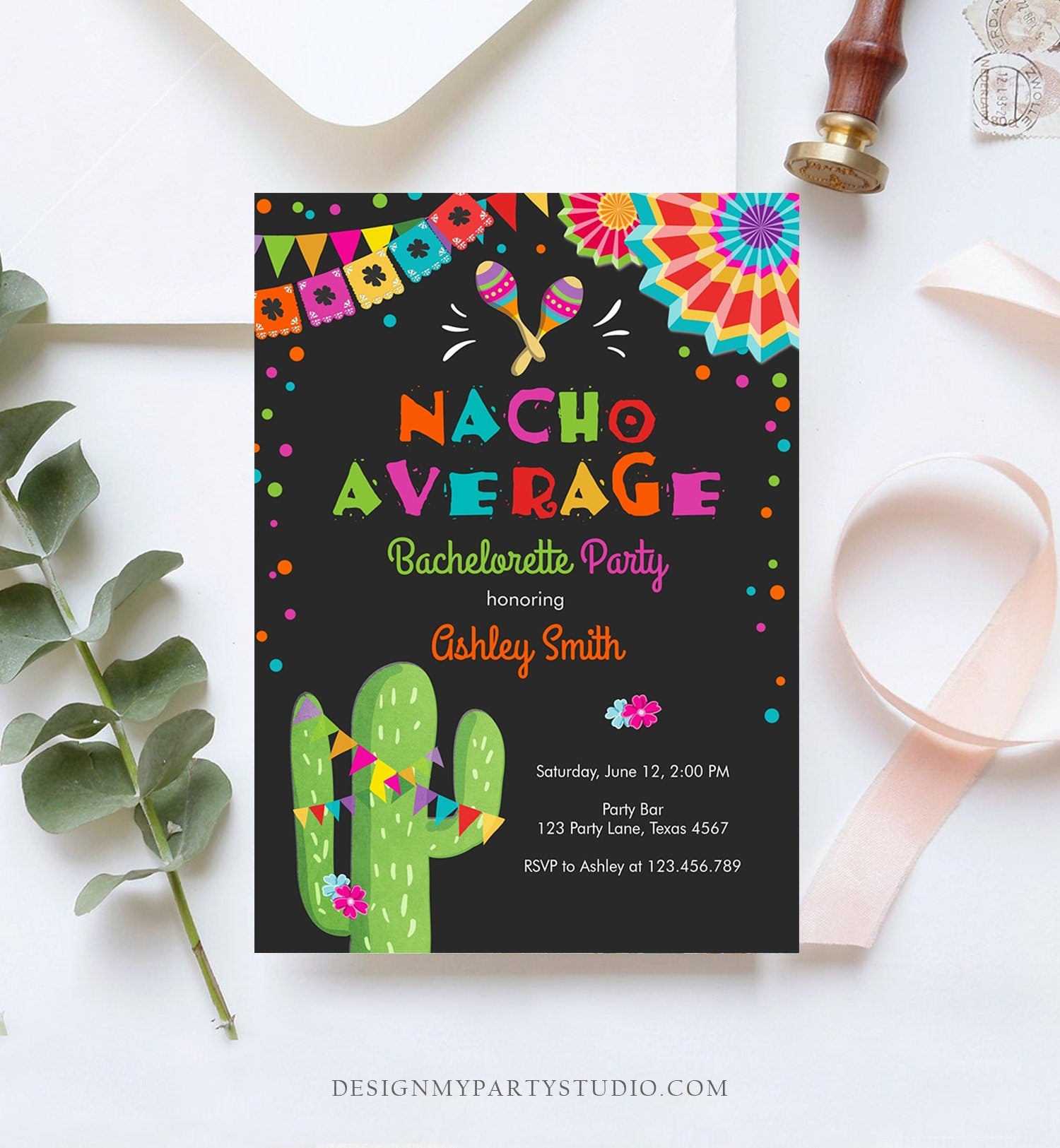 Editable Nacho Average Bachelorette Party Invitation Cactus Pink Let's Fiesta Mexican Bridal Shower Download Digital Corjl Template 0045