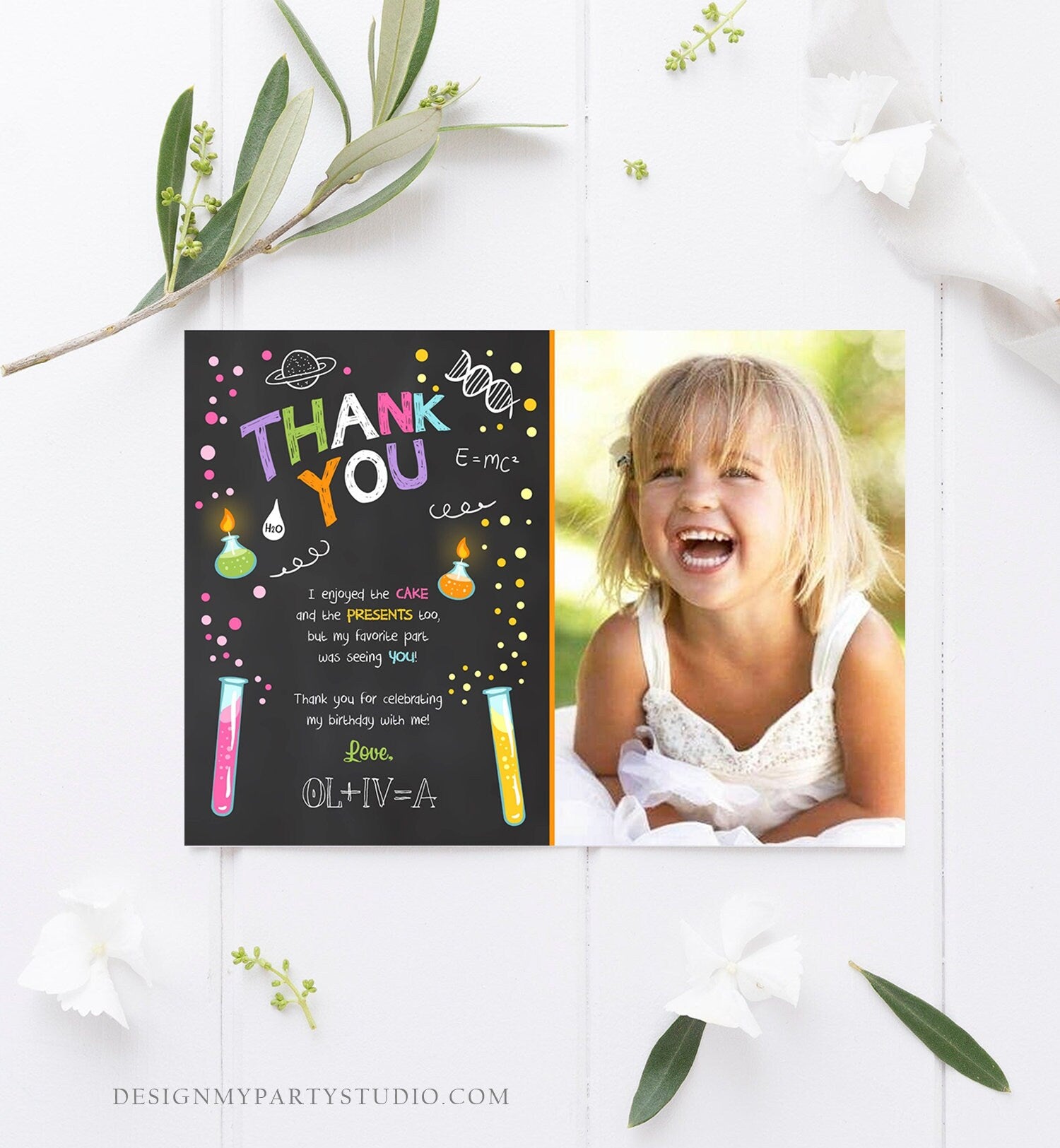 Editable Science Experiment Thank You Card Birthday Girl Party Mad Scientist Lab Slime Party Professor Digital Corjl Template Printable 0094