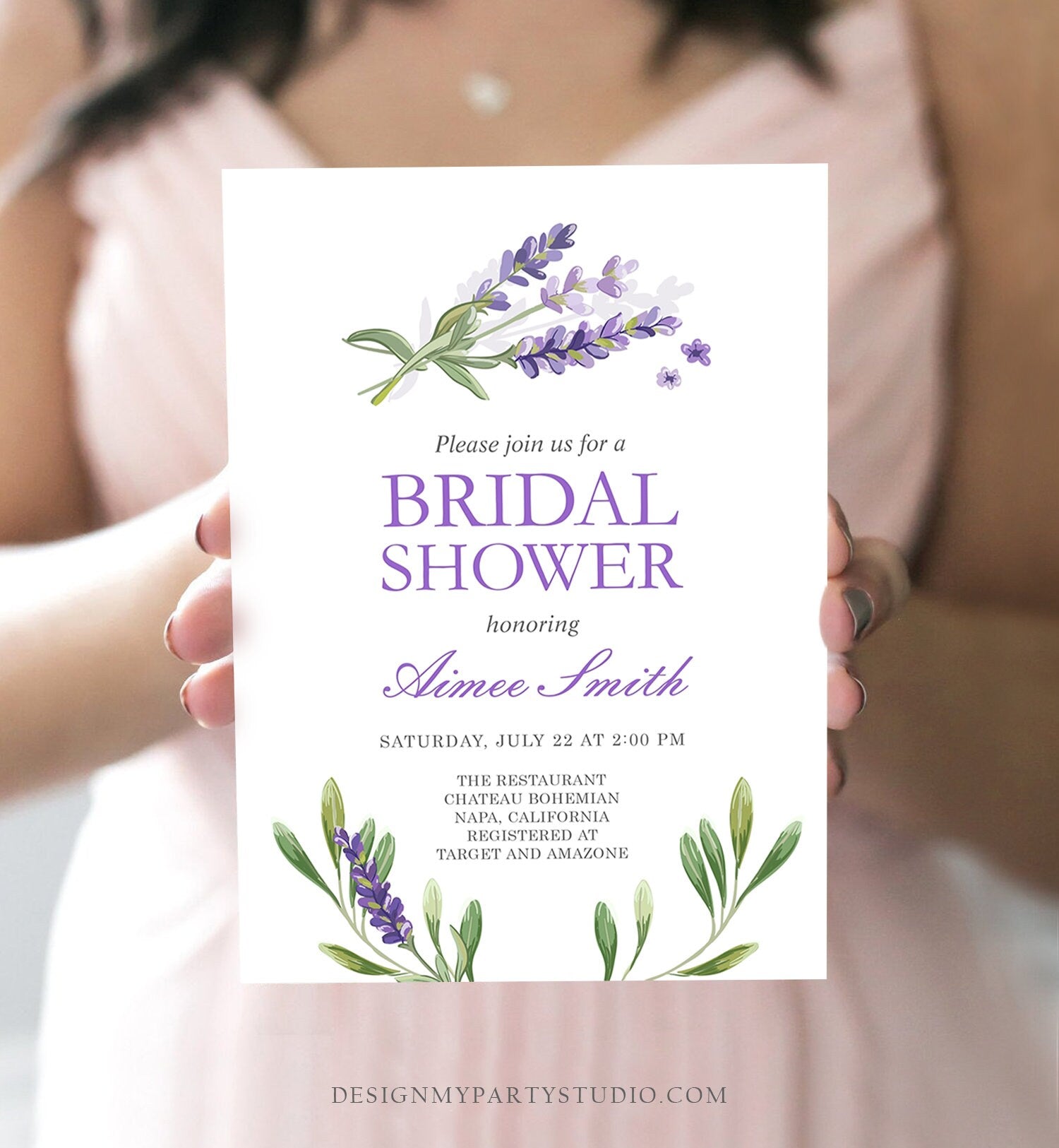 Editable Lavender Bridal Shower Invitation Greenery Foliage Boho Wedding Lilac Blush Lavender Purple Digital Corjl Template Printable 0206