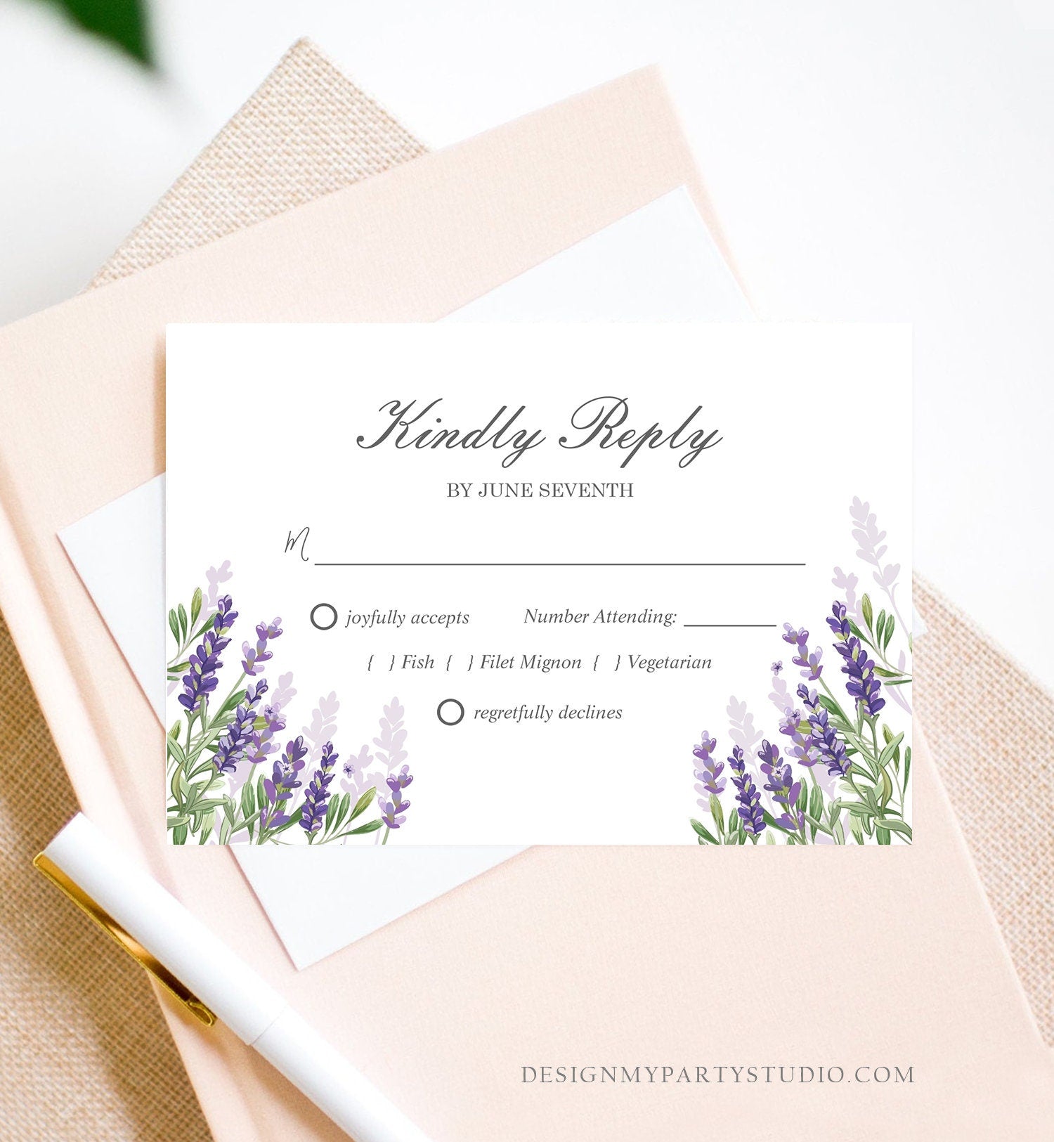 Editable Lavender RSVP Card Wedding Kindly Reply Response Card Greenery Foliage Boho Lilac Blush Purple Corjl Template Printable 0206