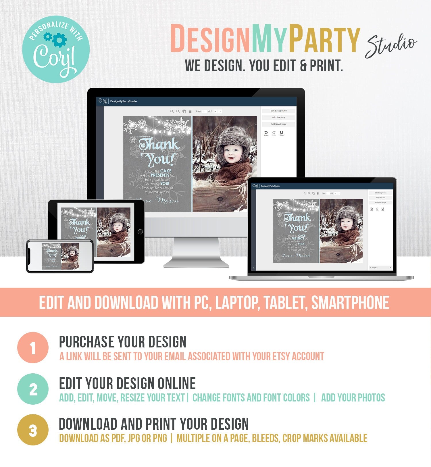 Editable Winter Onederland Thank You Card First Birthday Winter Thank You Note Blue Grey Boy Snowflake 1st Corjl Template Printable 0027