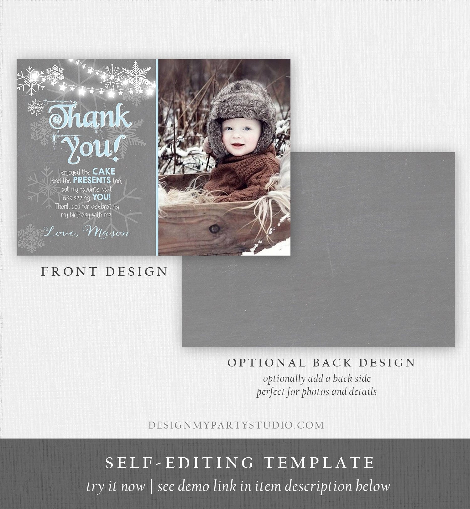 Editable Winter Onederland Thank You Card First Birthday Winter Thank You Note Blue Grey Boy Snowflake 1st Corjl Template Printable 0027