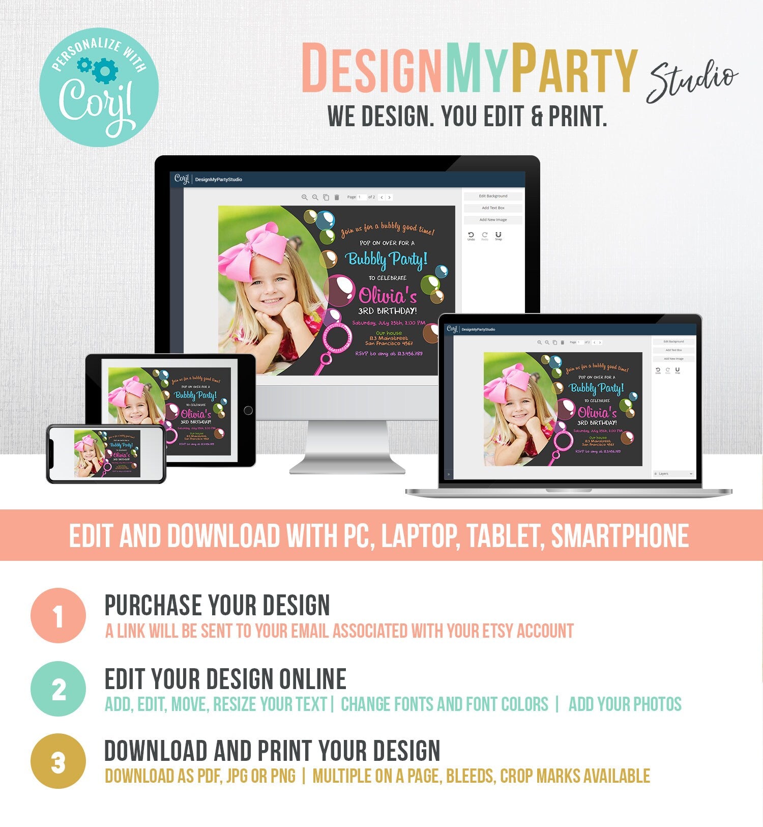 Editable Bubble Birthday Invitation Bubbles Birthday Party Invite Pop Girl Pink Purple Summer Download Printable Template Corjl Digital 0035