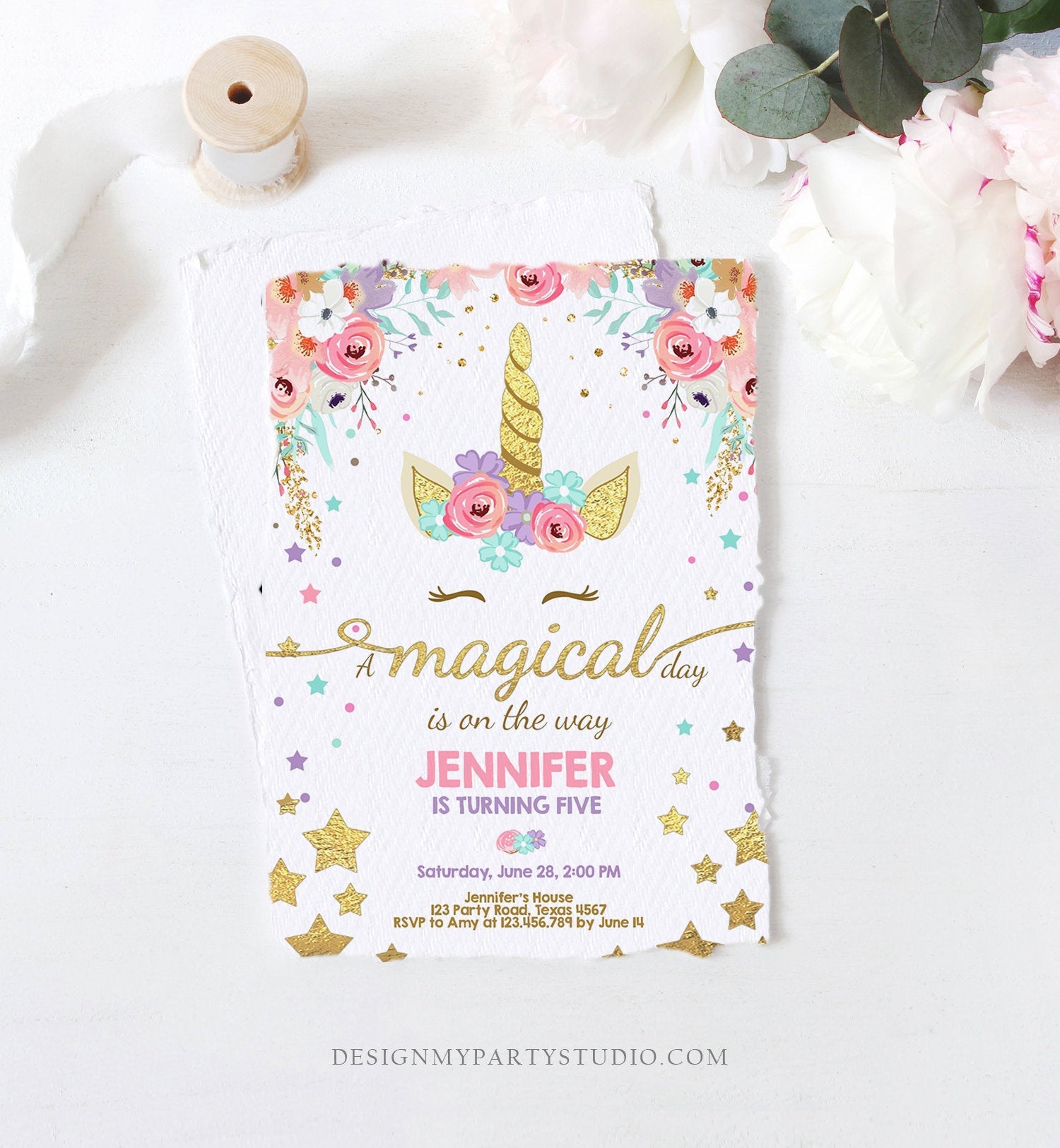 Editable Magical Unicorn Birthday Invitation Magical Day Rainbow Pastel Pink Girl Gold Stars Floral Download Corjl Template Printable 0041