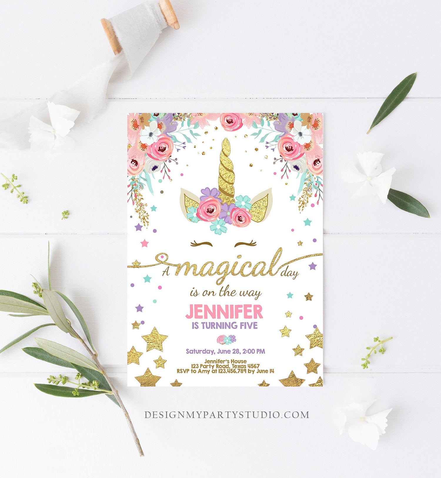 Editable Magical Unicorn Birthday Invitation Magical Day Rainbow Pastel Pink Girl Gold Stars Floral Download Corjl Template Printable 0041