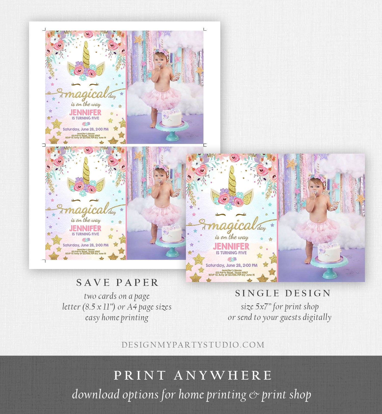 Editable Magical Unicorn Birthday Invitation Magical Day Rainbow Pastel Pink Girl Gold Stars Floral Download Corjl Template Printable 0041