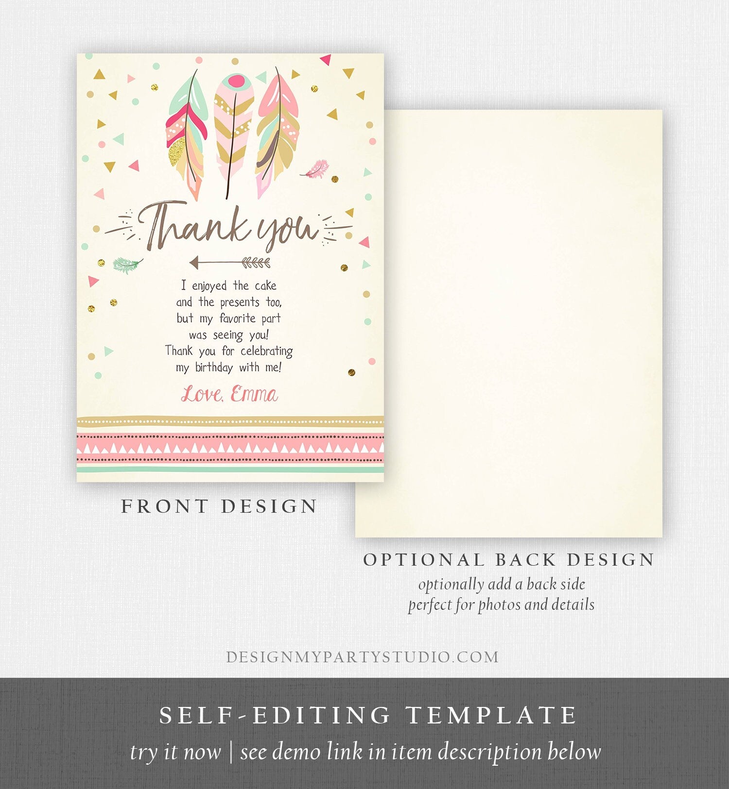 Editable Thank You Card Wild One Thank you Note Wild And Three Feathers Pink and Gold Girl Download Printable Template Corjl Digital 0073