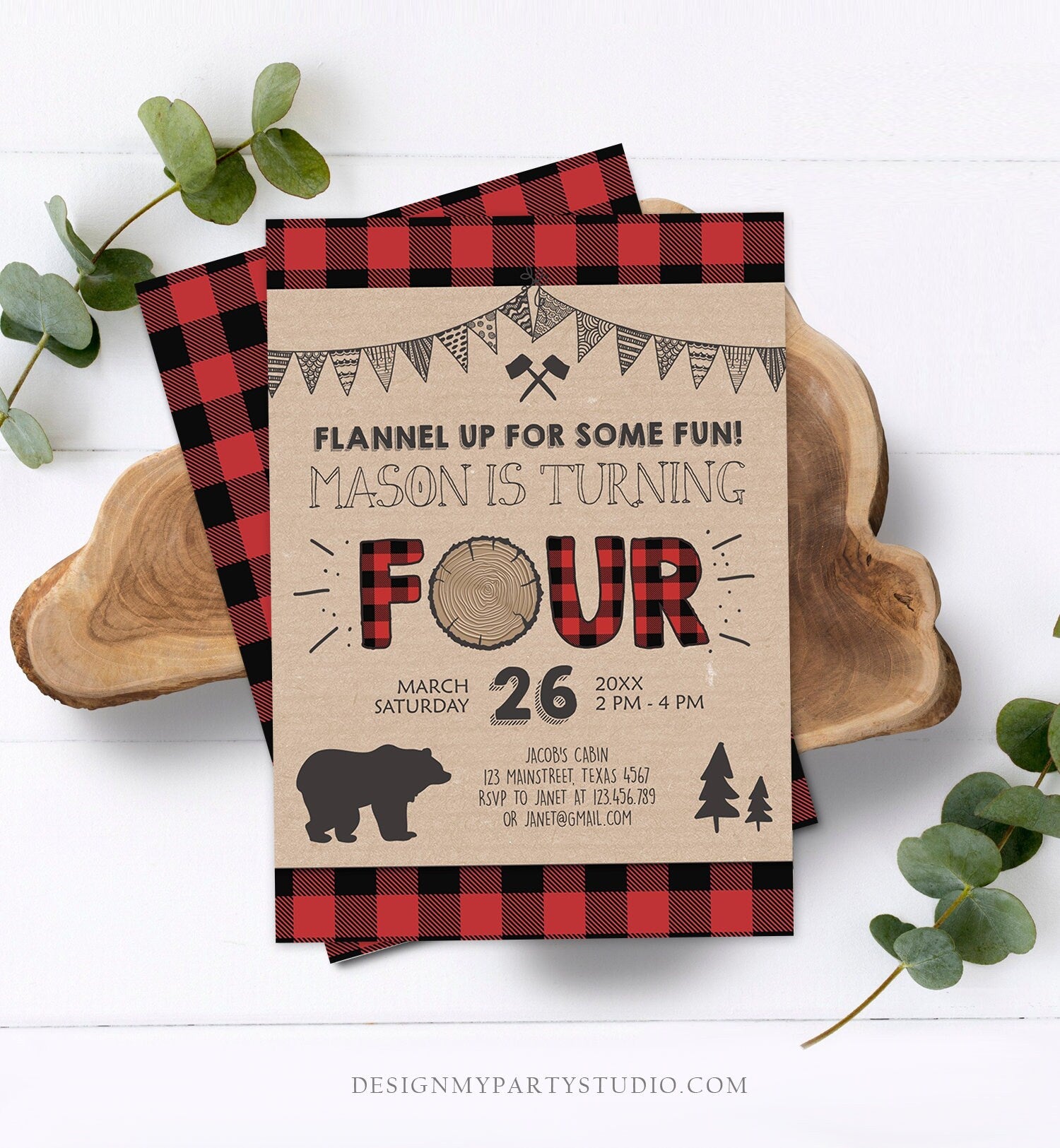 Editable Lumberjack 4th Birthday Invitation Rustic Woodland Bear Forest Buffalo Plaid Four Birthday Printable Template Digital Corjl 0026