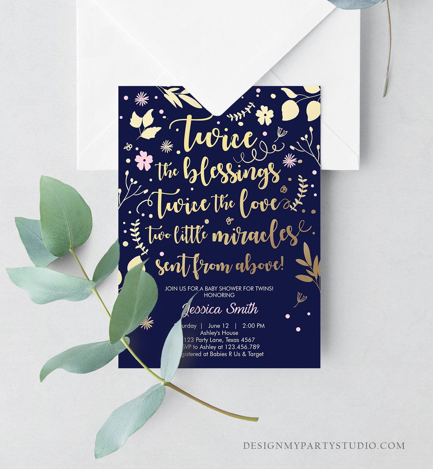 Editable Twin Baby Shower Invitation Twin Girls Gold Pink Blessings Rustic Modern Floral Girls Baby Shower Template Download Corjl 0285