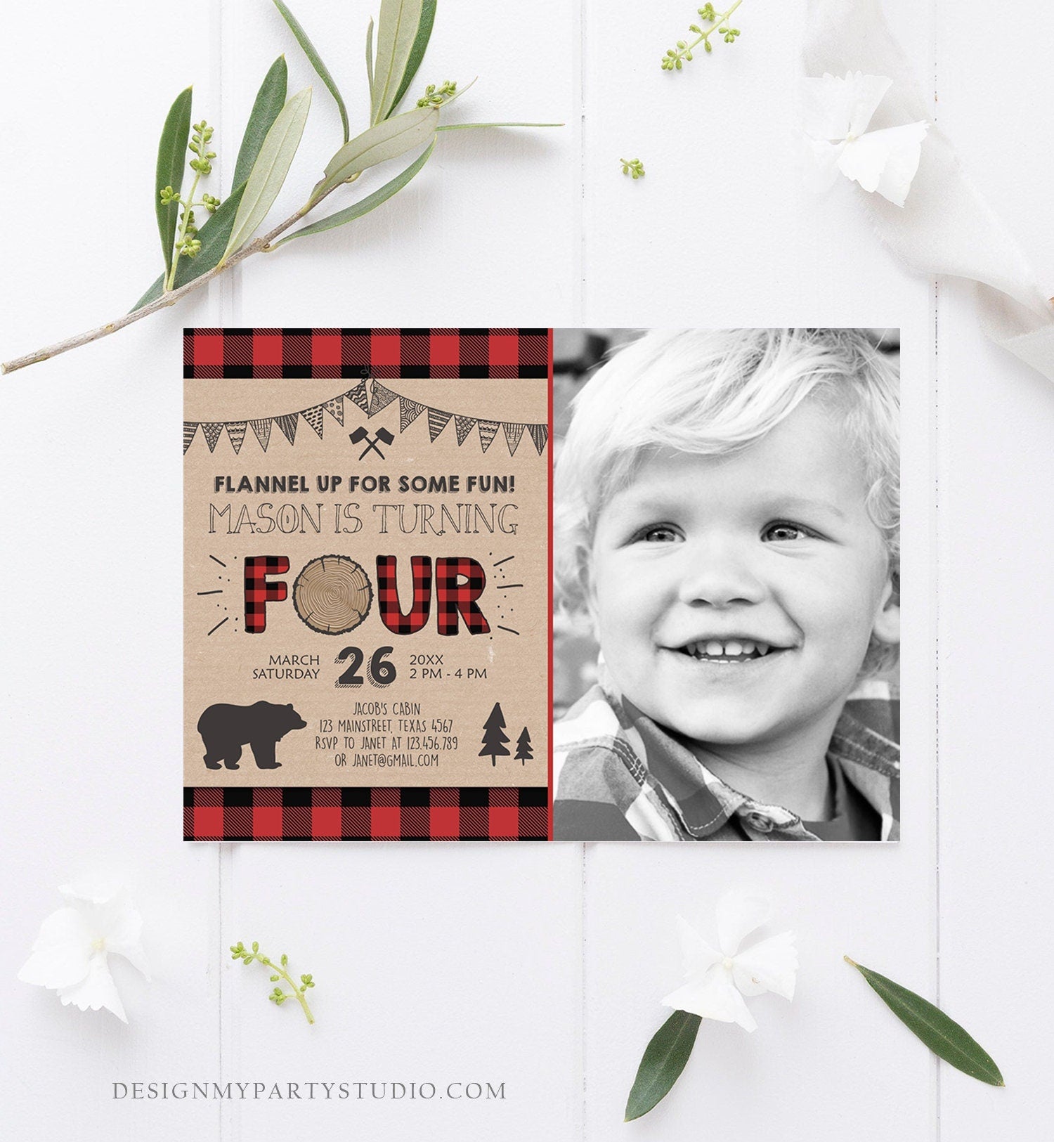 Editable Lumberjack 4th Birthday Invitation Rustic Woodland Bear Forest Buffalo Plaid Four Birthday Printable Template Digital Corjl 0026