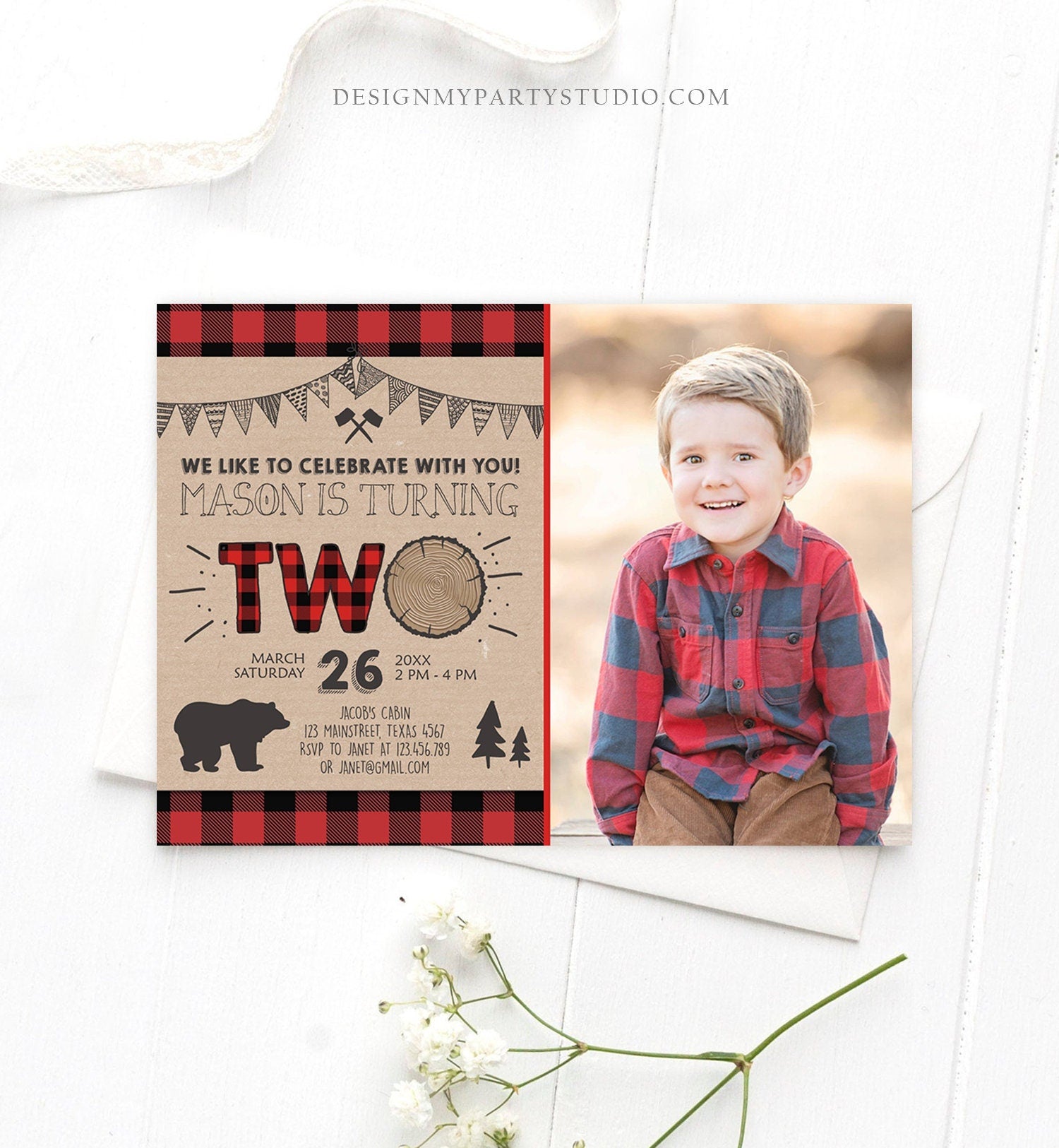 Editable 2nd Birthday Invitation Lumberjack Rustic Woodland Bear Forest Buffalo Plaid Four Birthday Printable Template Digital Corjl 0026