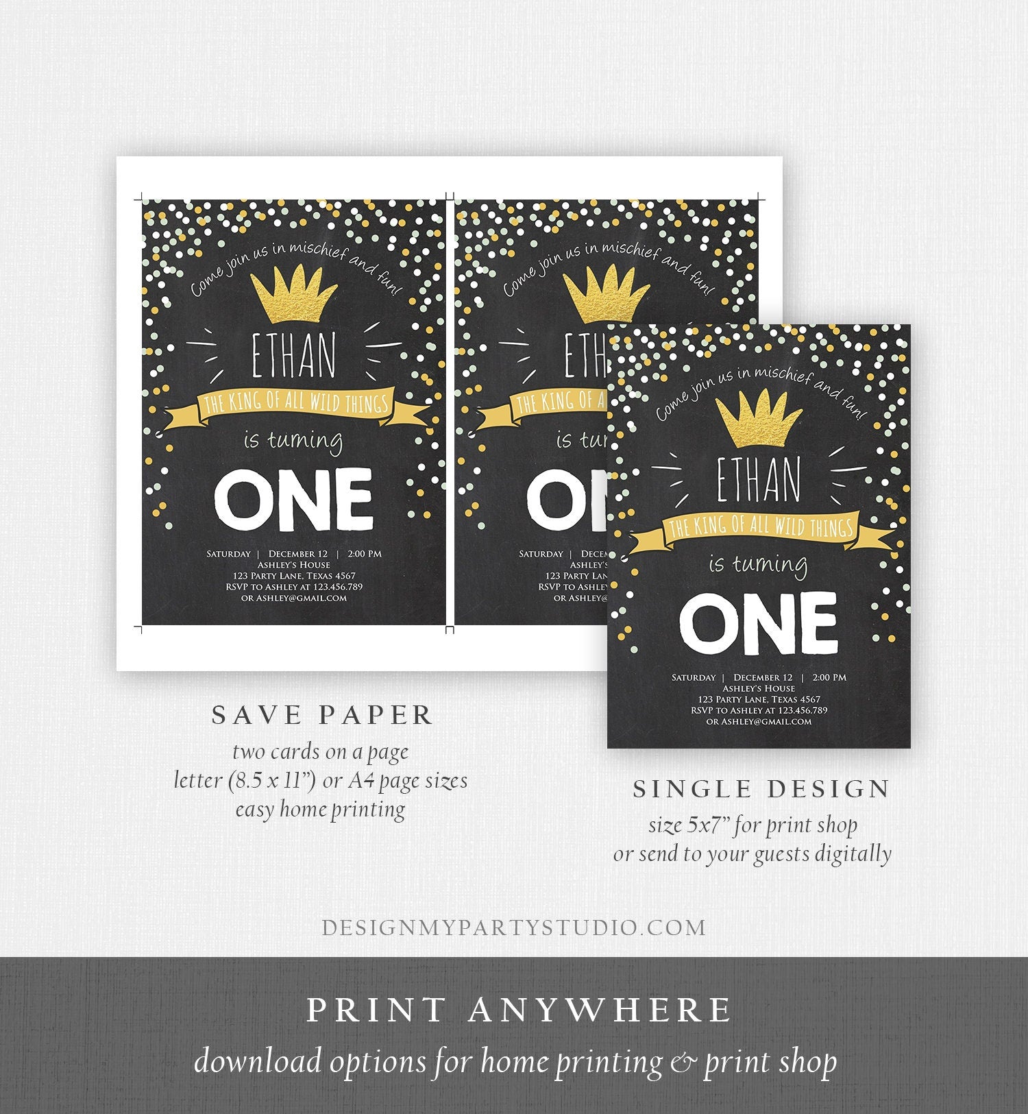 Editable Birthday Invitation Wild One Black Gold Wild Things Boy First Birthday Crown Download Printable Invitation Template Corjl 0099