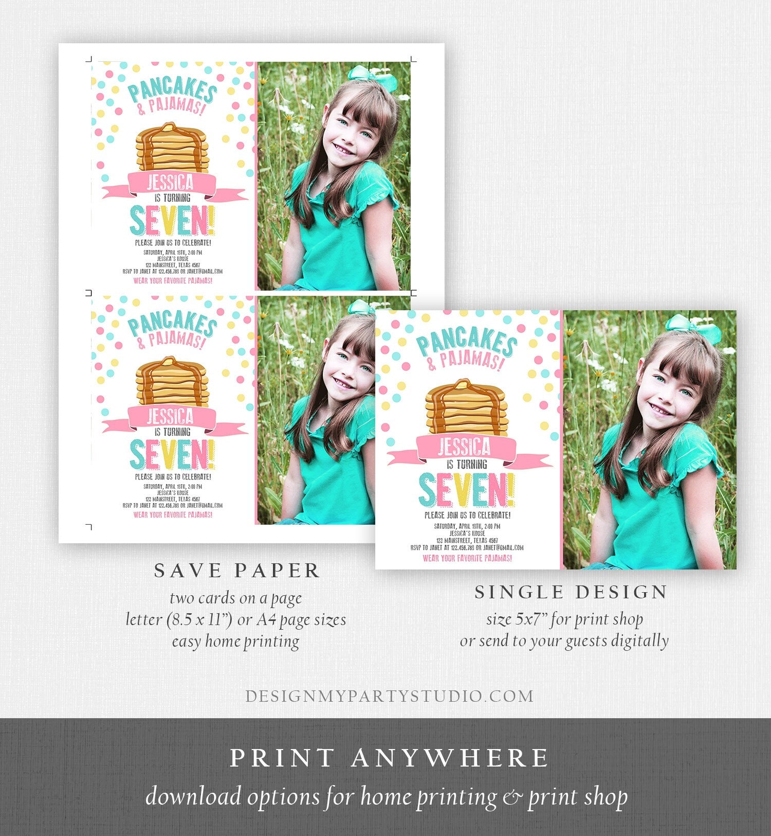 Editable Pancakes and Pajamas Invitation Pancake Pajamas Birthday Party Girl Pink Slumber Party Printable Template Corjl Digital 0286