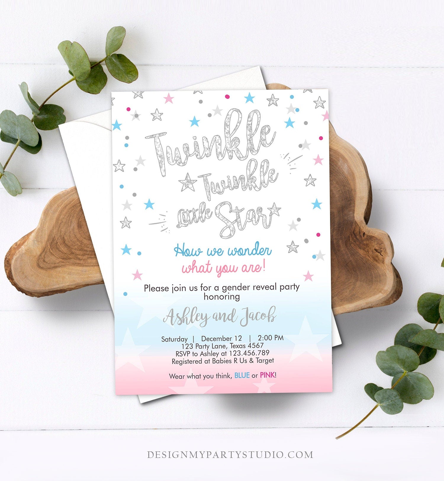 Editable Gender Reveal Invitation Baby Shower Twinkle Twinkle Little Star Blue or Pink He or She Silver Pink Blue Corjl Template 0235
