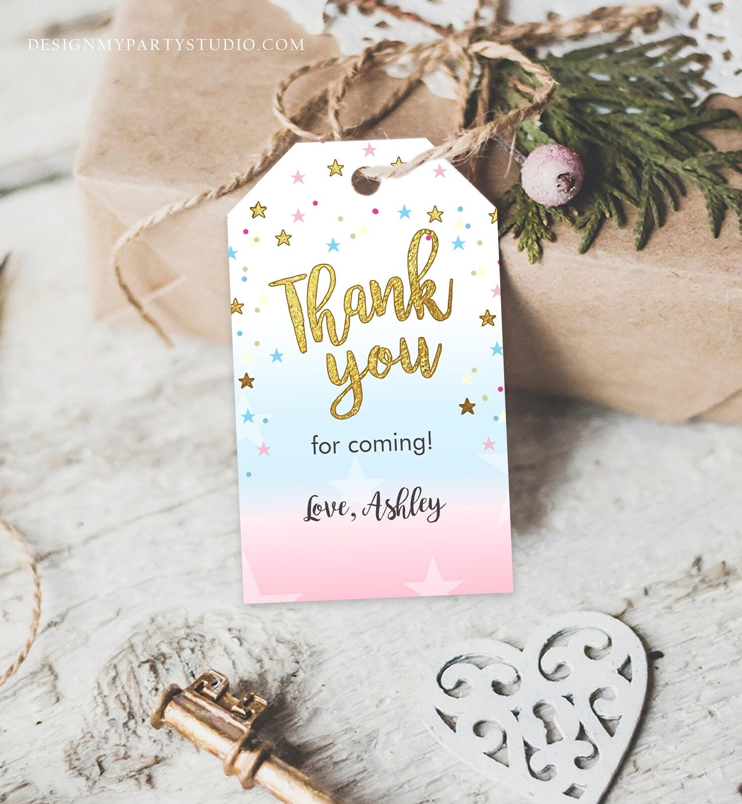 Editable Thank you Tags Little Star Baby Shower Favor tags Twinkle Twinkle Gender Reveal Gold Pink Blue He or She Corjl Template 0235