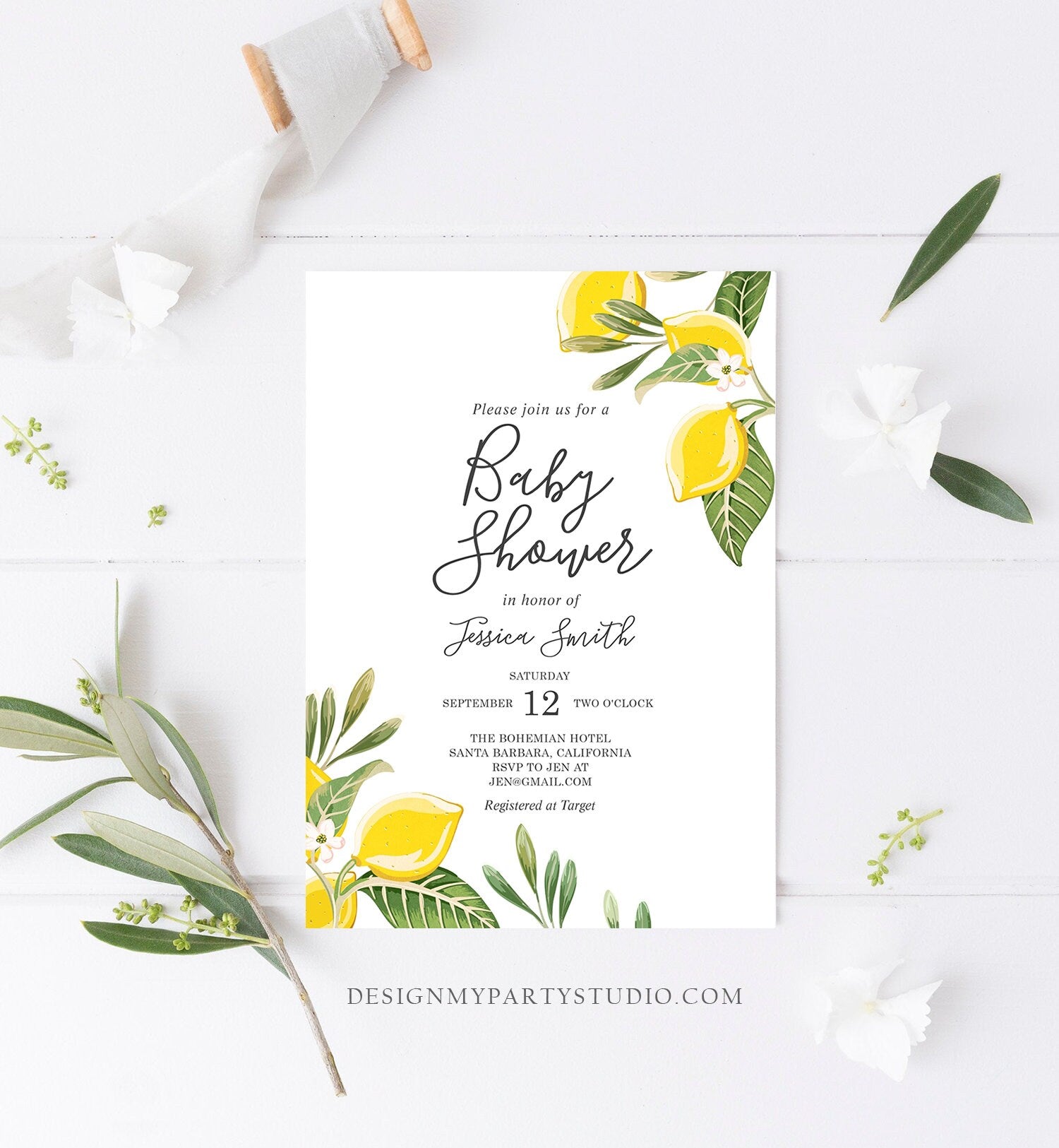 Editable Lemon Baby Shower Invitation Bohemian Citrus Rustic Greenery Summer Floral Lemonade Sprinkle Download Corjl Template Printable 0220