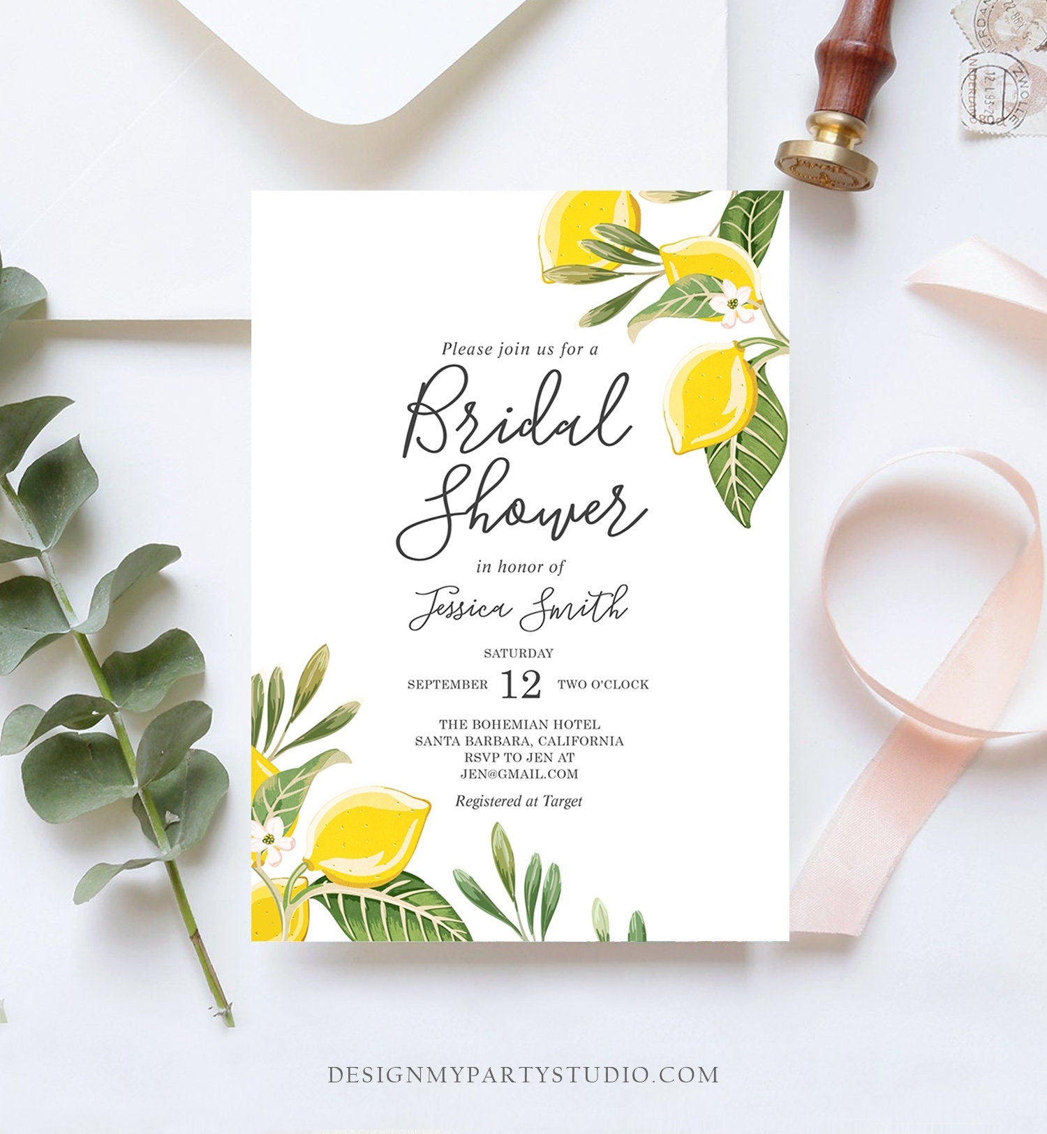 Editable Lemon Bridal Shower Invitation Bohemian Citrus Rustic Greenery Summer Wedding Lemonade Download Corjl Template Printable 0220
