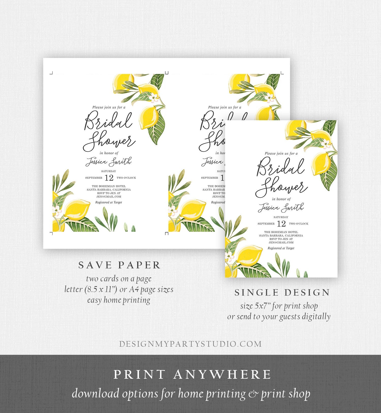 Editable Lemon Bridal Shower Invitation Bohemian Citrus Rustic Greenery Summer Wedding Lemonade Download Corjl Template Printable 0220
