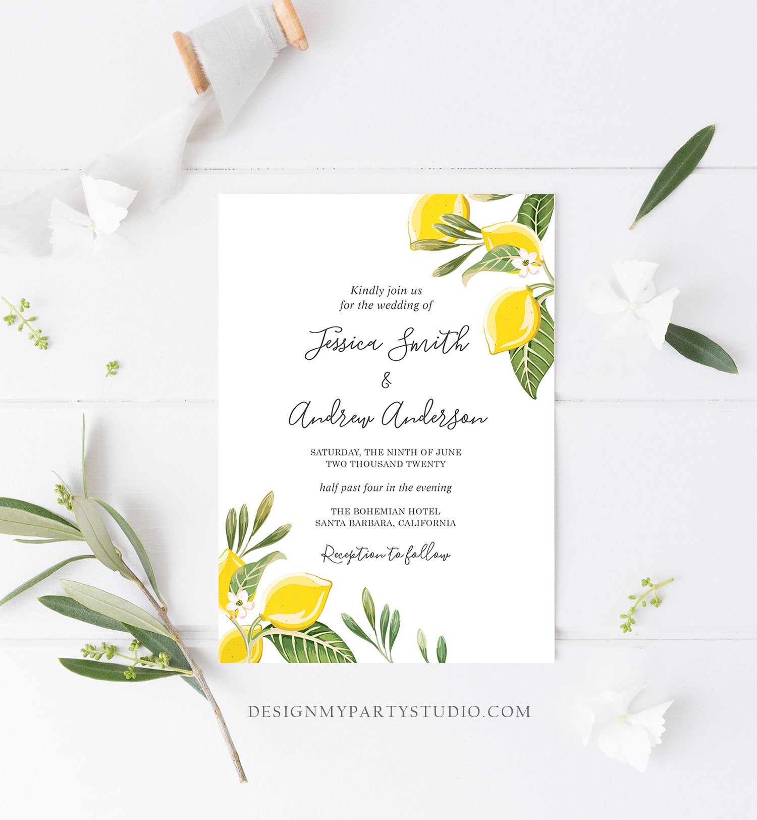 Editable Lemon Wedding Invitation Bohemian Citrus Rustic Greenery Summer Bridal Shower Lemonade Download Corjl Template Printable 0220