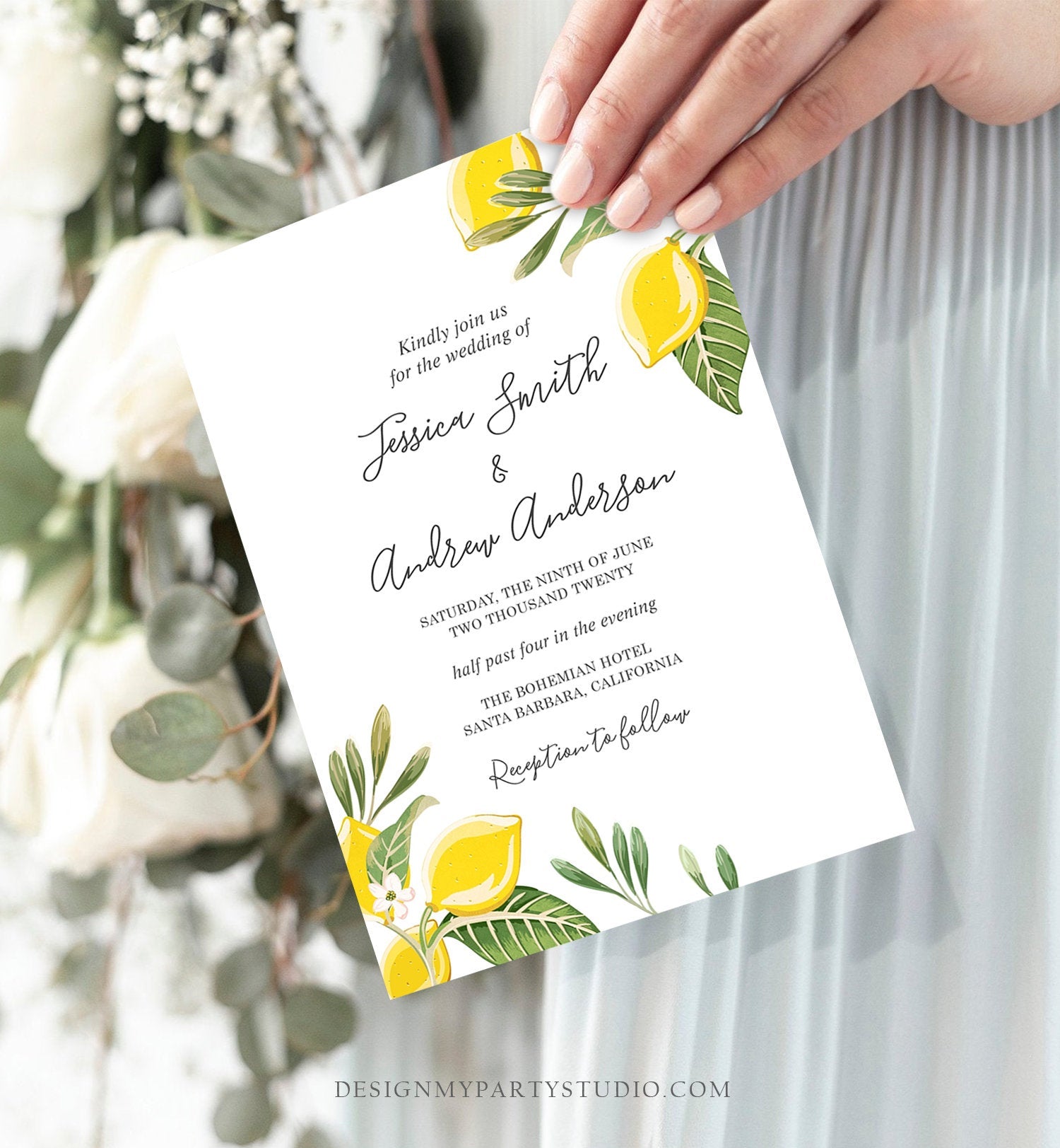 Editable Lemon Wedding Invitation Bohemian Citrus Rustic Greenery Summer Bridal Shower Lemonade Download Corjl Template Printable 0220