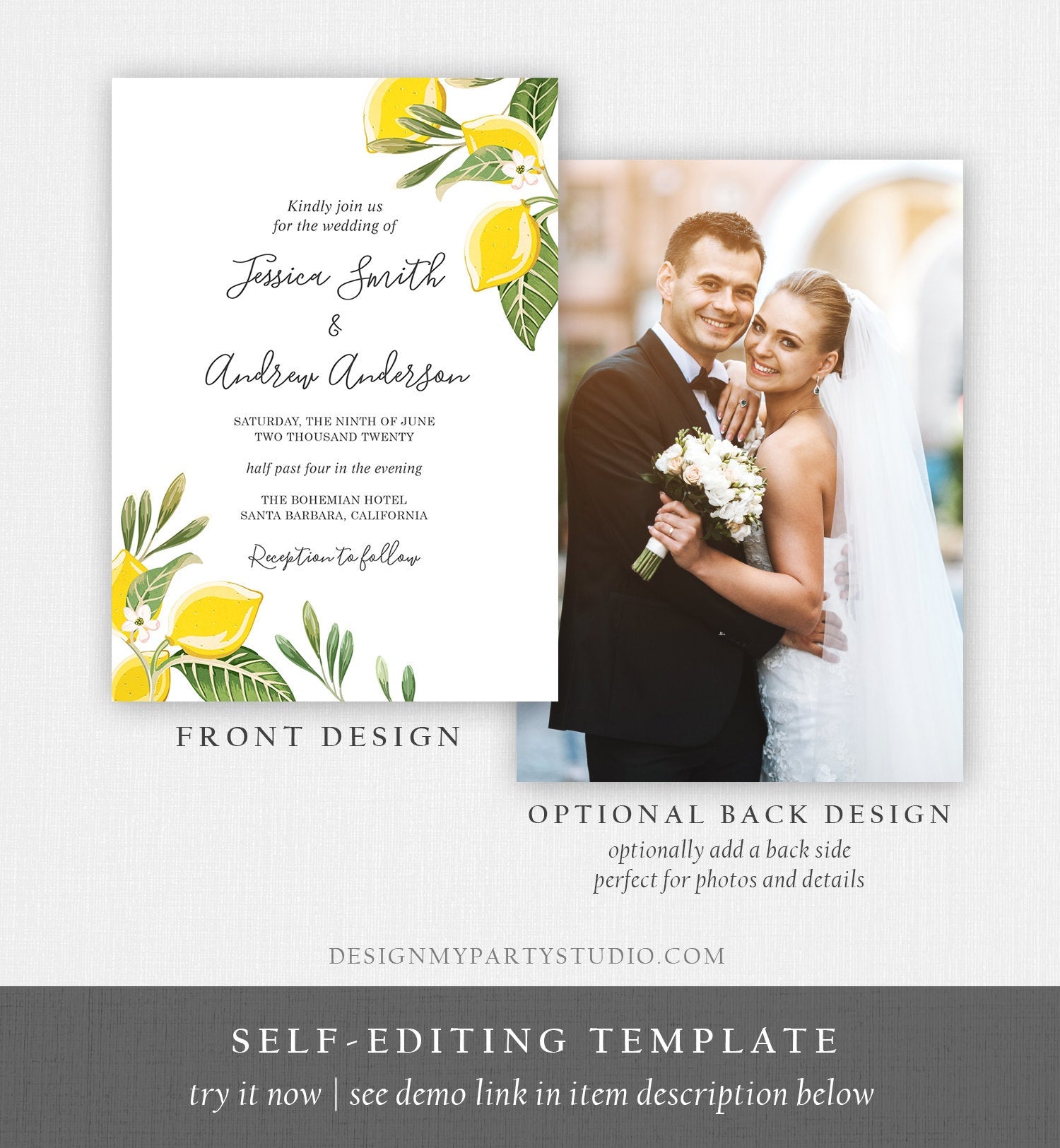 Editable Lemon Wedding Invitation Bohemian Citrus Rustic Greenery Summer Bridal Shower Lemonade Download Corjl Template Printable 0220