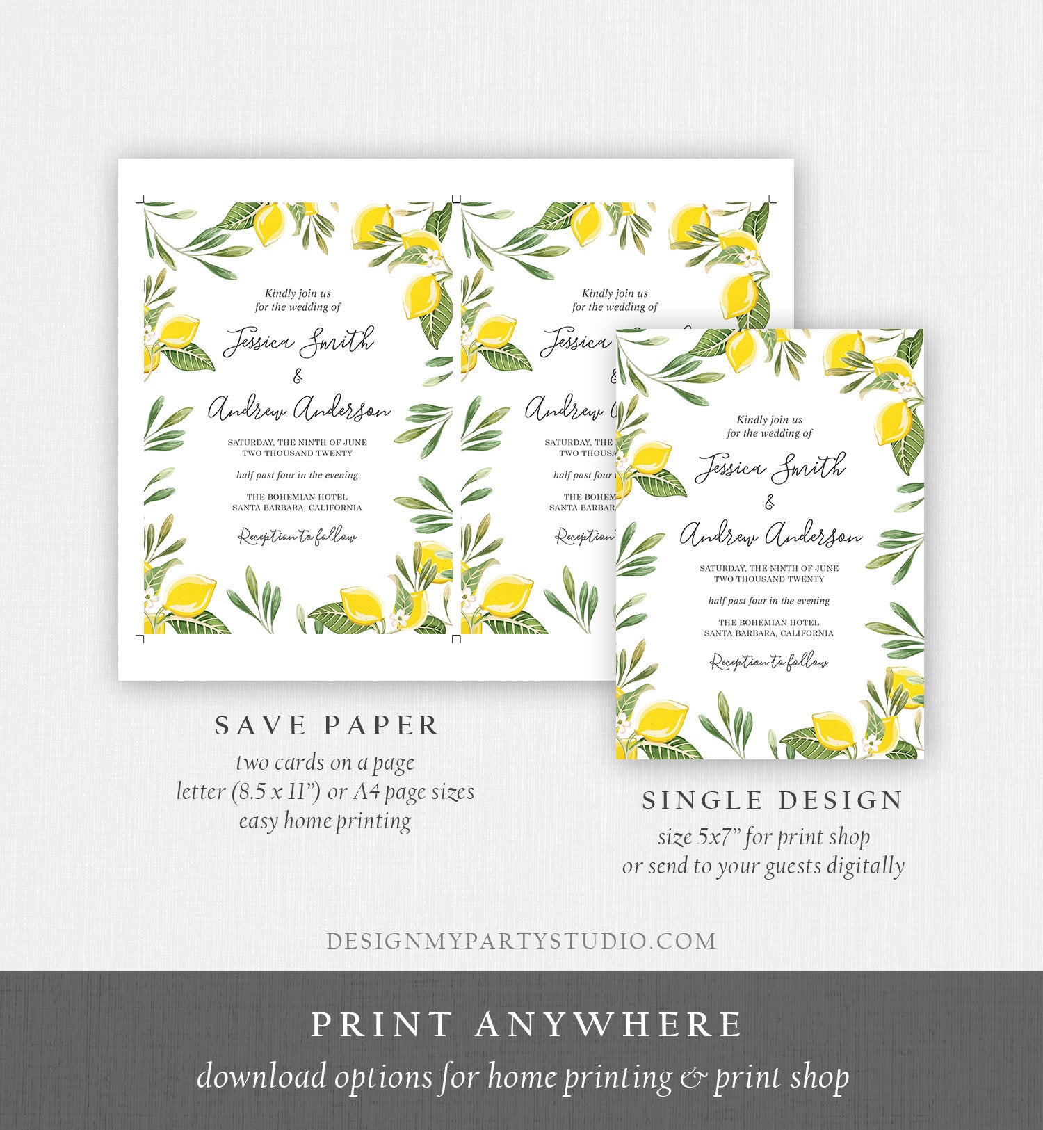 Editable Lemon Wedding Invitation Bohemian Citrus Rustic Greenery Summer Bridal Shower Lemonade Download Corjl Template Printable 0220