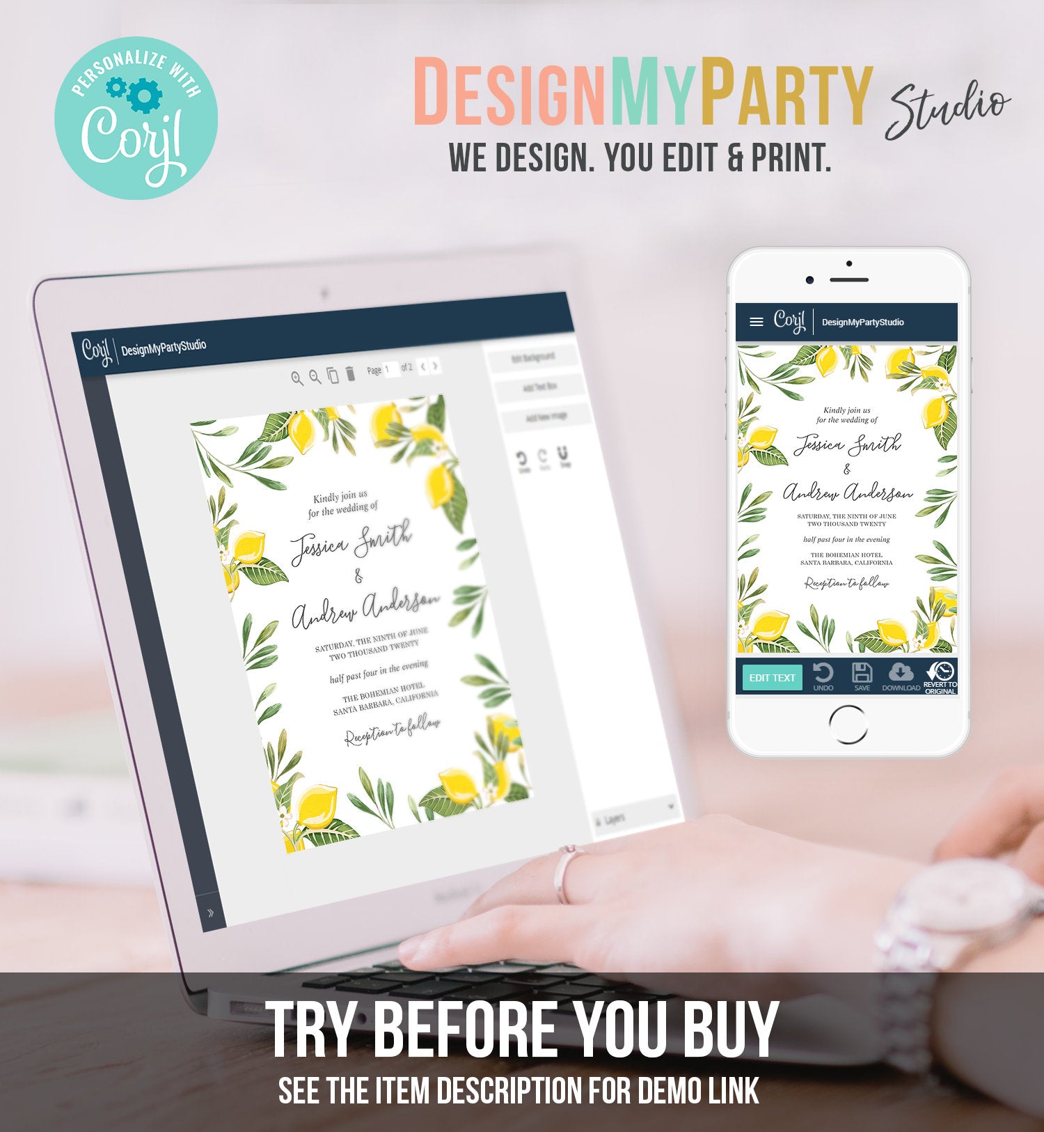 Editable Lemon Wedding Invitation Bohemian Citrus Rustic Greenery Summer Bridal Shower Lemonade Download Corjl Template Printable 0220