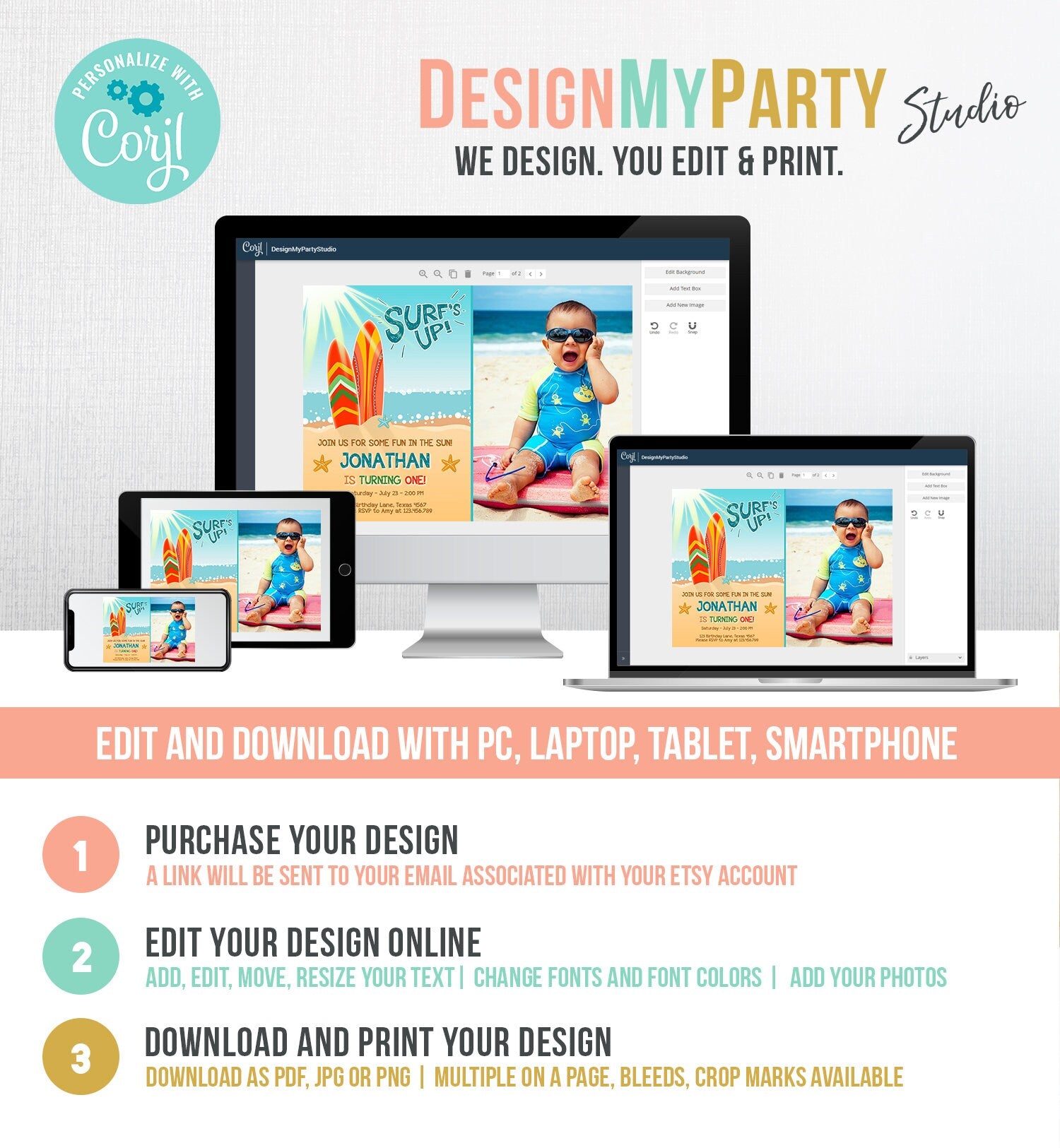 Editable Surf Birthday invitation Summer Beach Party Surfboard Boy Surf Party Instant Download Printable Invitation Template Corjl 0241