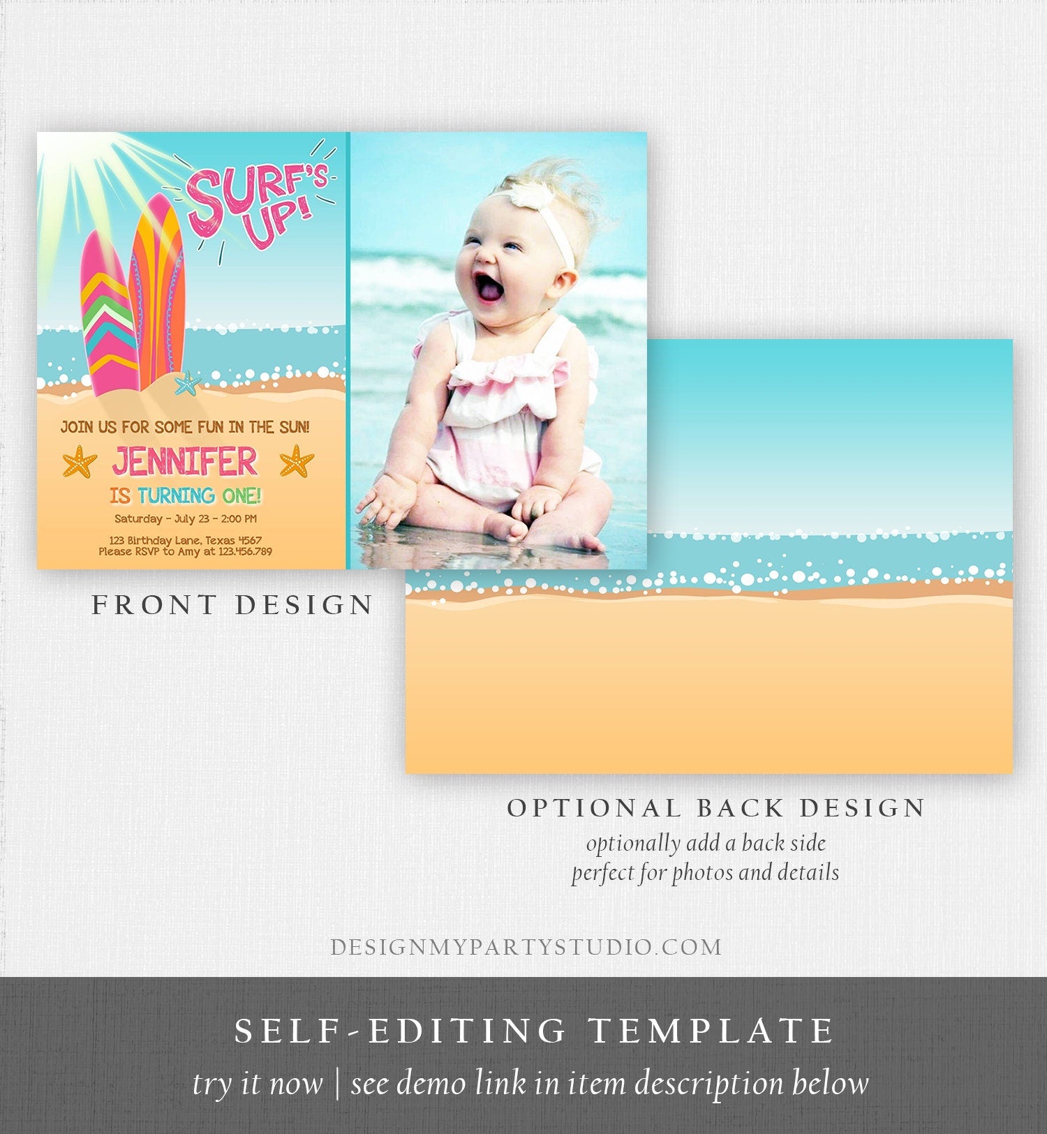 Editable Surf Birthday invitation Summer Beach Party Surfboard Girl Surf Party Pink Download Printable Invitation Template Corjl 0241