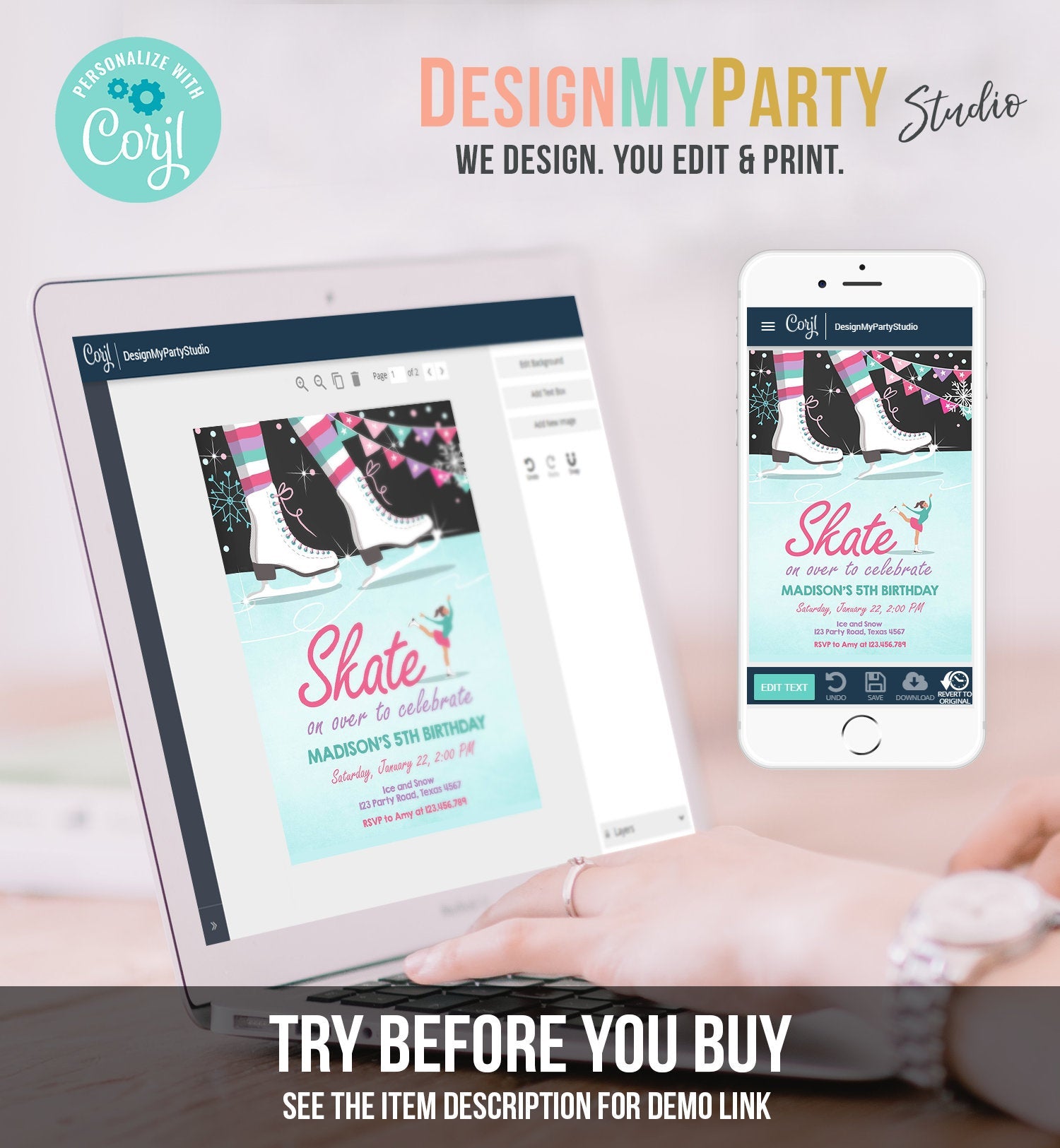 Editable Ice Skating Invitation Ice Skating Birthday Party Girl Pink Mint Skate Party Winter Download Printable Invitation Template Corjl