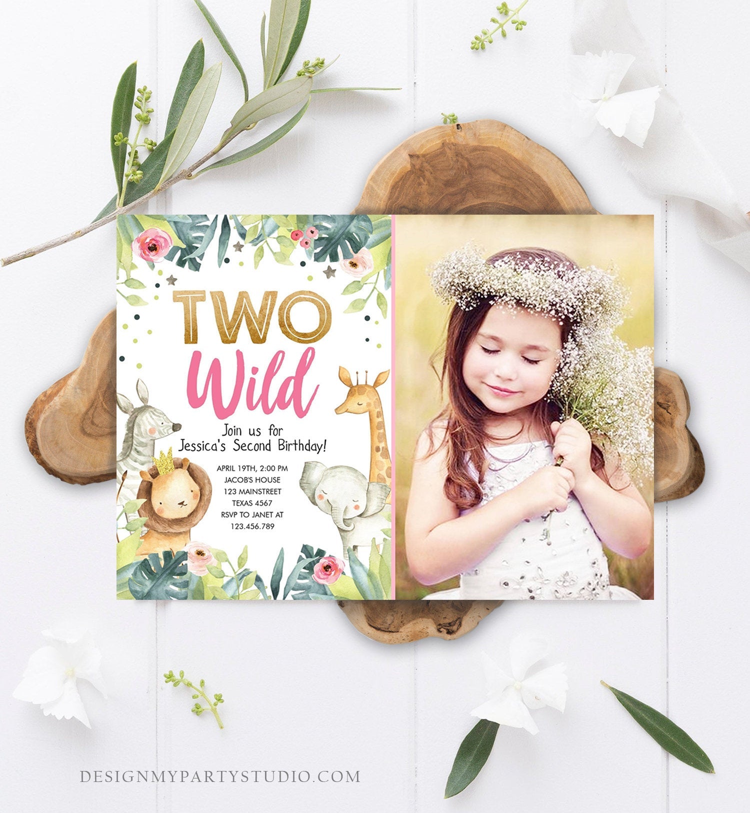 Editable Two Wild Birthday Invitation Girl Party Animals Invite Party Jungle Safari Pink Gold Zoo Download Printable Template Corjl 0163