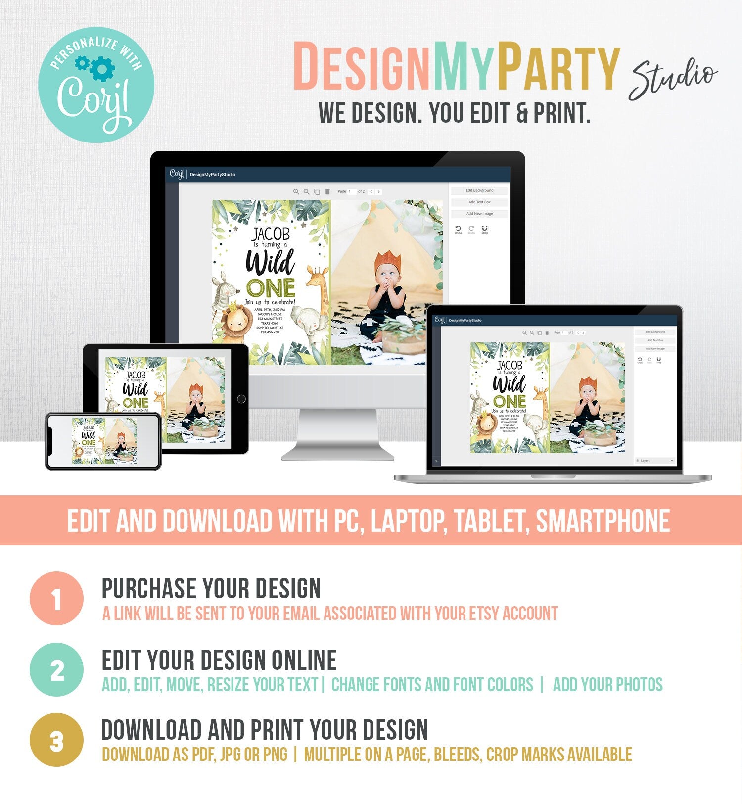 Editable Wild One Birthday Invitation Safari Animals Jungle Safari Birthday Black Gold Download Printable Invitation Template Corjl 0163