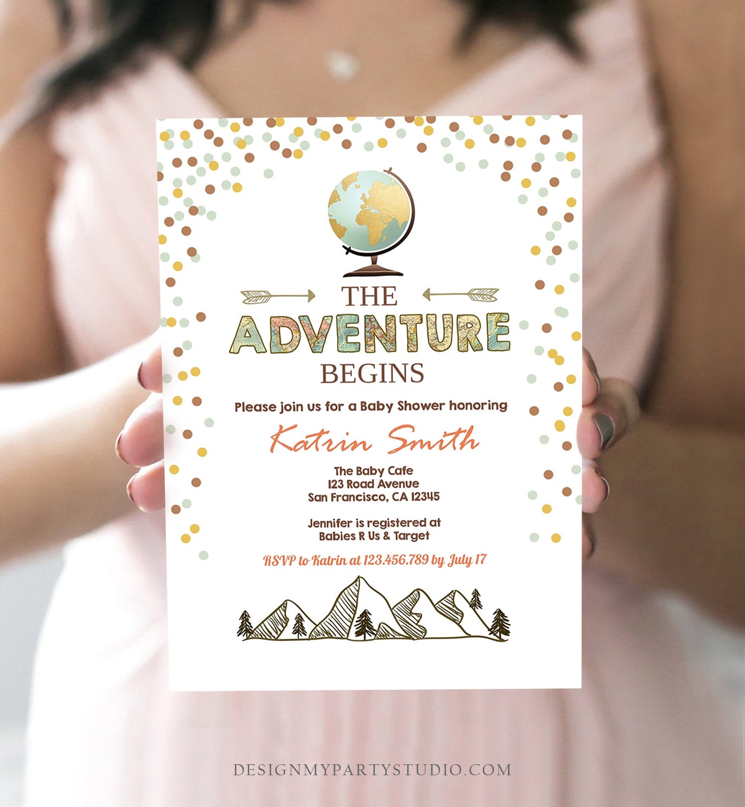 Editable Adventure Begins Baby Shower Invitation Forest Mountains Vintage Globe Travel Around World Digital Corjl Template Printable 0044