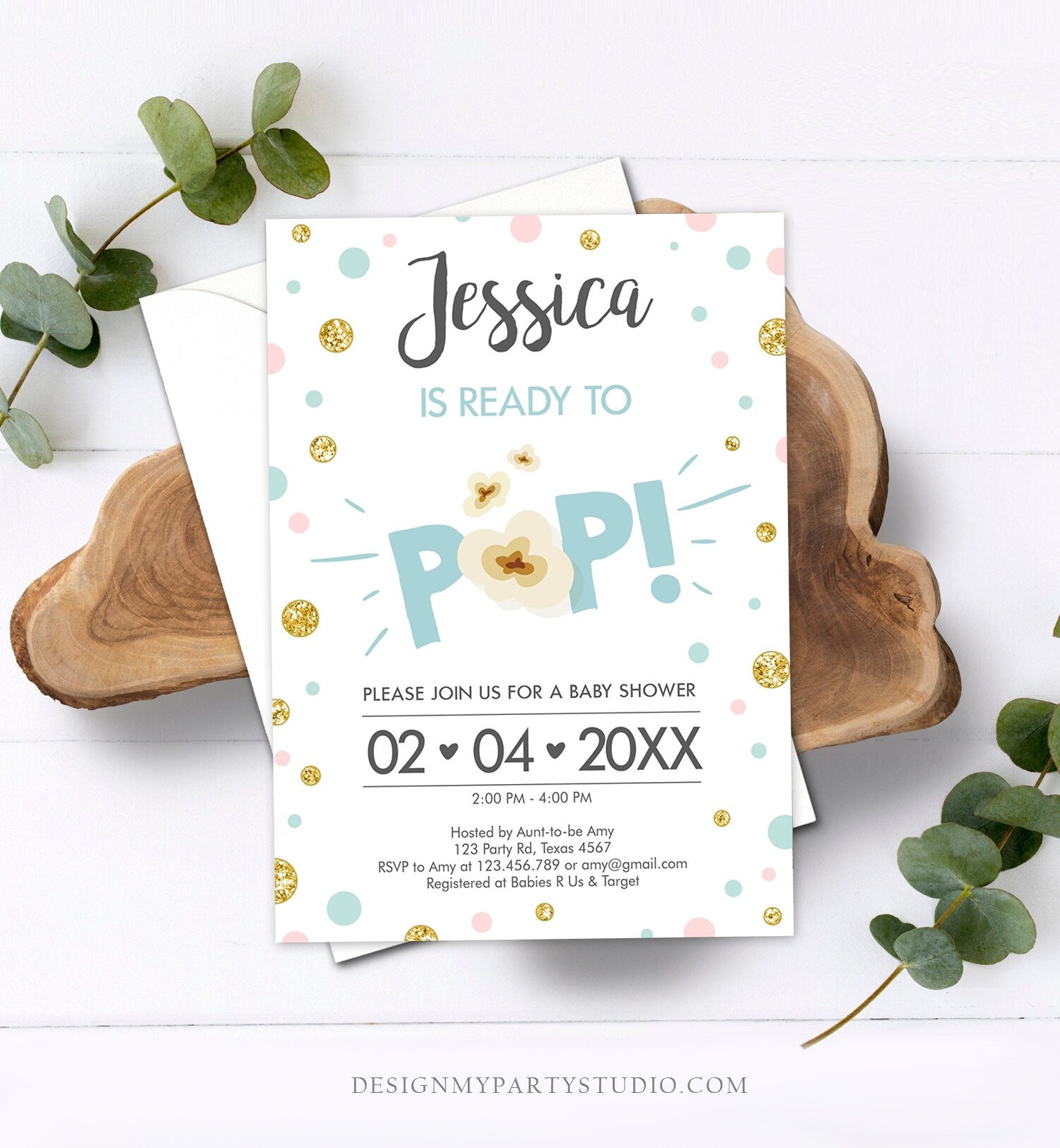 Editable Ready to Pop Baby Shower Invitation Sprinkle Popcorn Blue Boy Pop Balloon Instant Download Printable Template Digital Corjl 0211