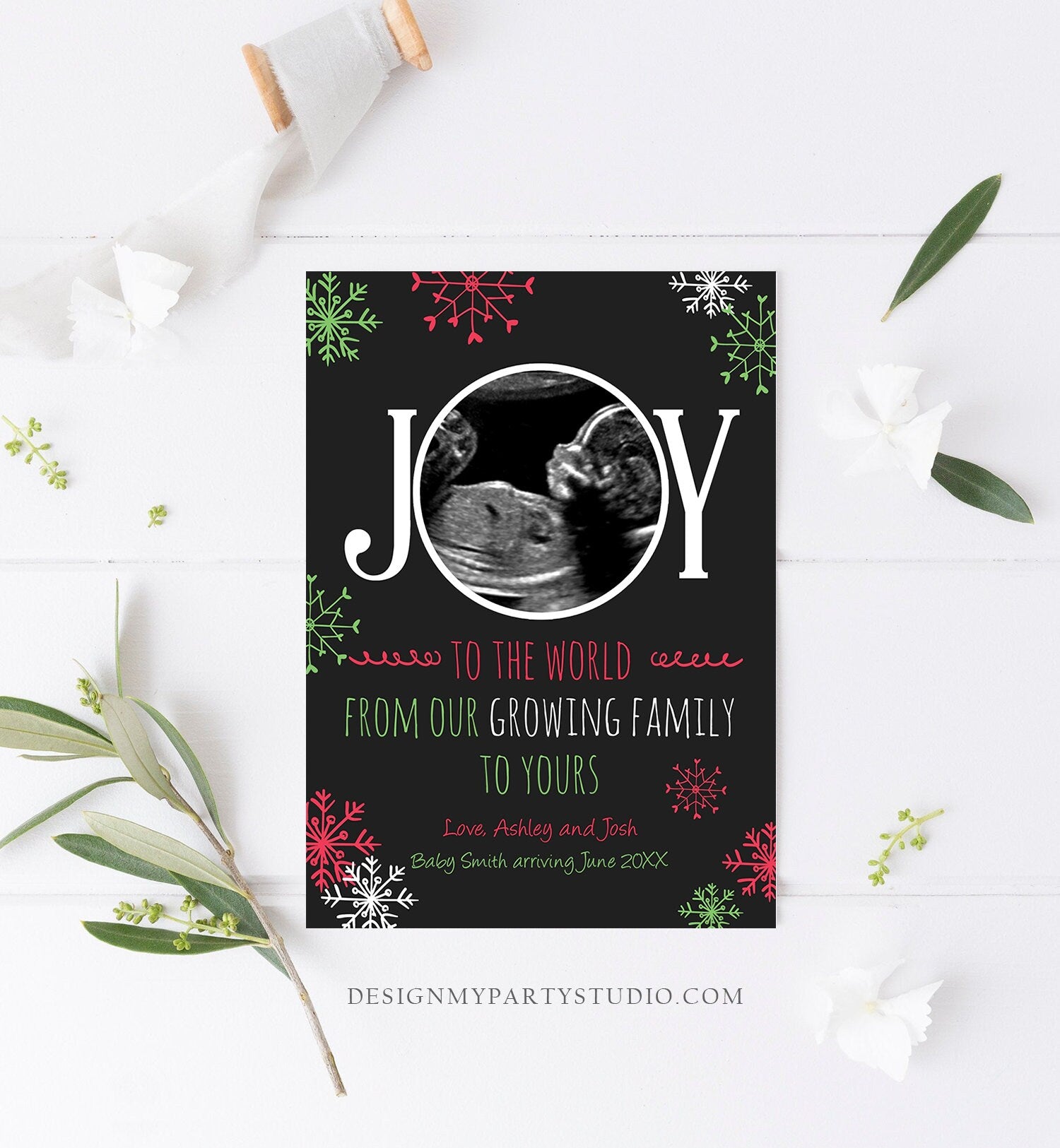 Editable Christmas Pregnancy Announcement Grandparents Joy Family Pregnancy Reveal Photo Ultrasound Printable Invitation Template Corjl