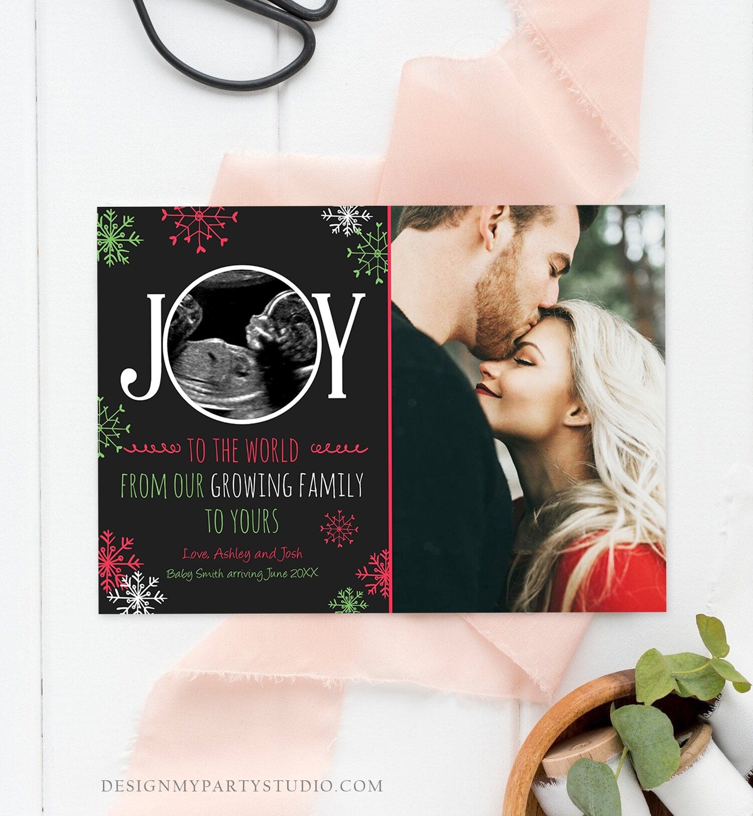 Editable Christmas Pregnancy Announcement Grandparents Joy Family Pregnancy Reveal Photo Ultrasound Printable Invitation Template Corjl
