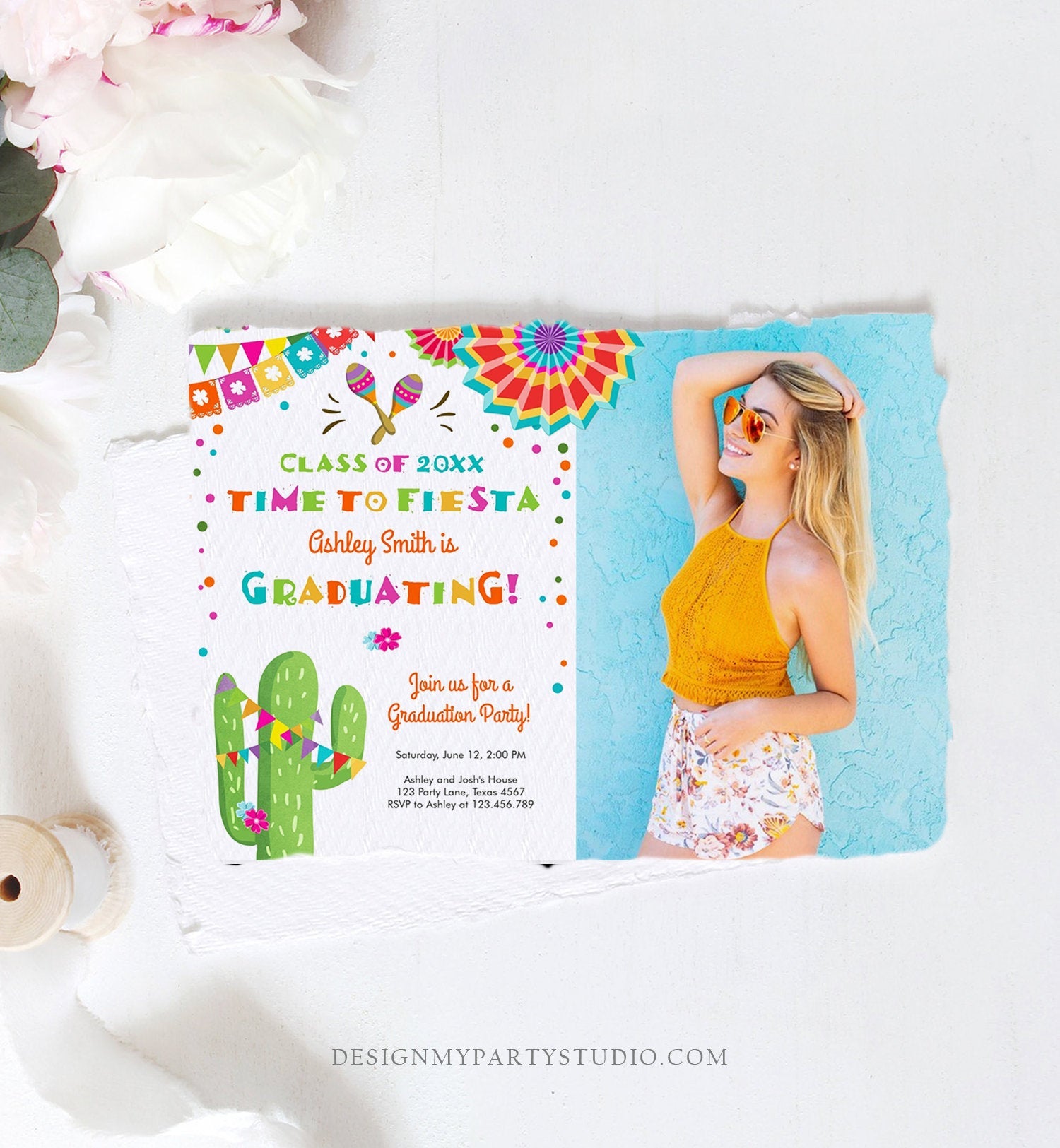 Editable Time to Fiesta Graduation Party Invitation Cactus Let's Fiesta Grad Mexican Graduate Graduating College School Corjl Template 0045