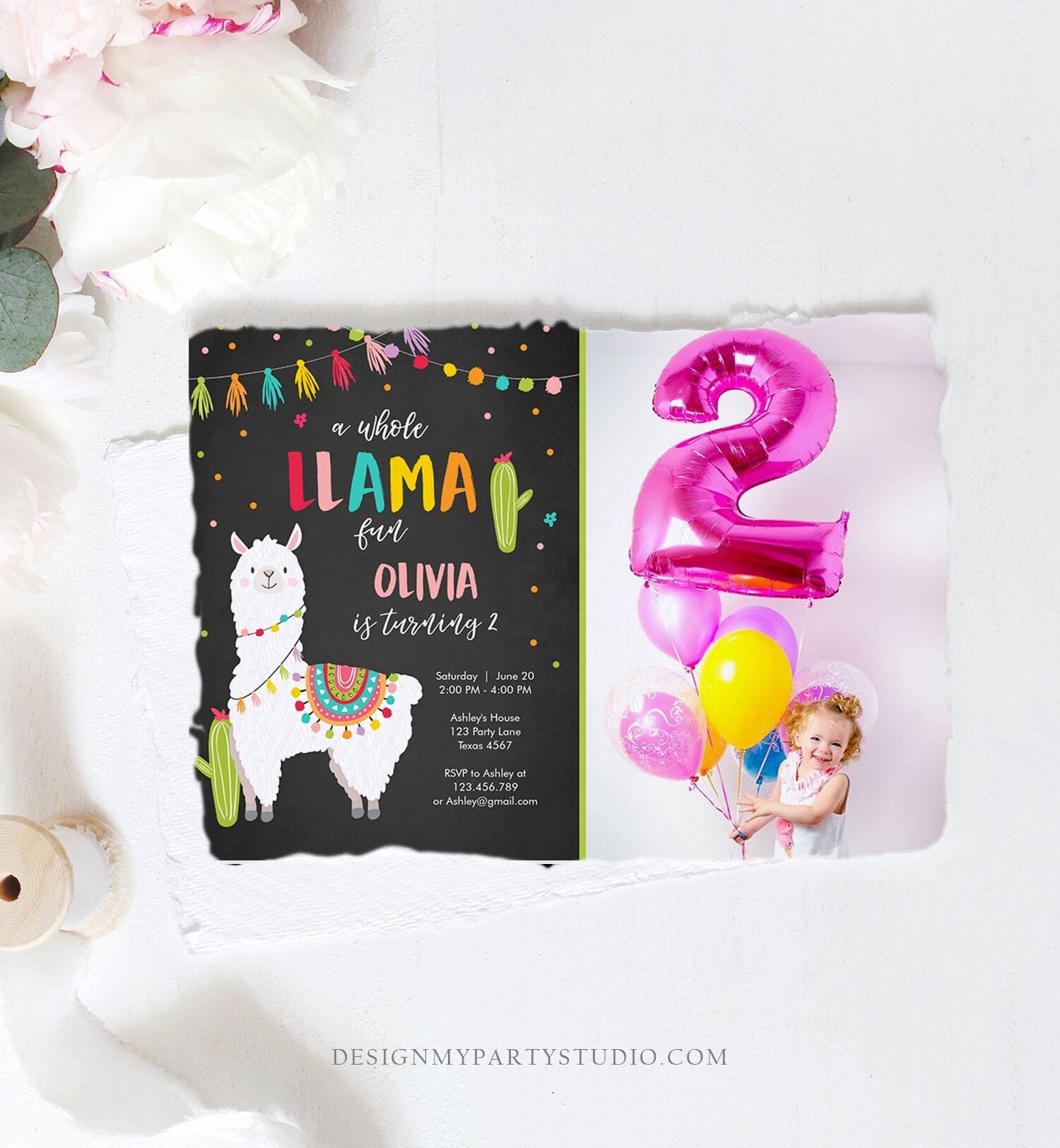 Editable Whole Llama Fun Birthday Invitation Fiesta Mexican Cactus Alpaca Girl Pink Chalk Instant Download Printable Corjl Template 0079