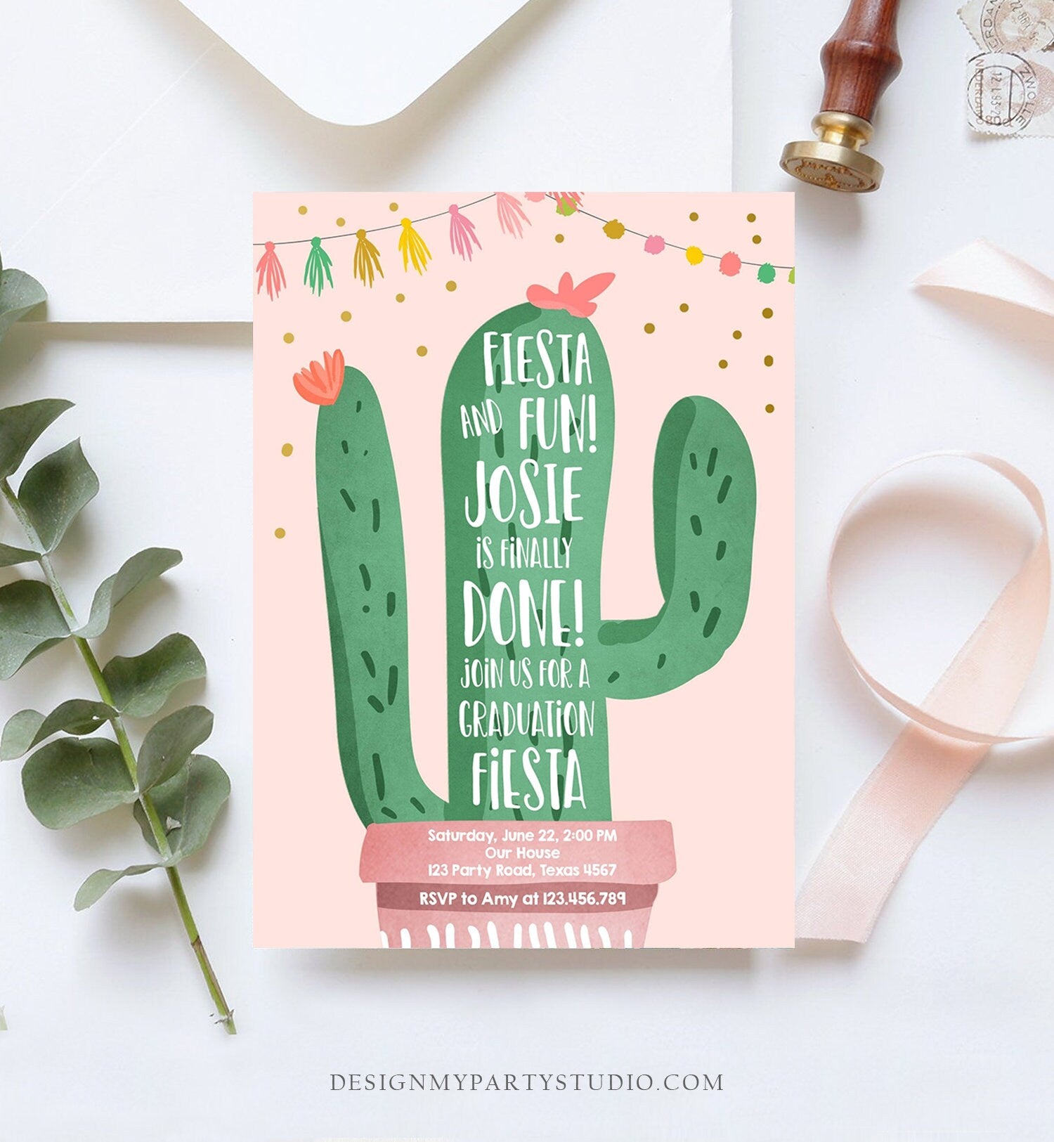 Editable Graduation Fiesta and Fun Party Invitation Finally Done Let's Fiesta Cactus College High School Grad Corjl Template Printable 0255